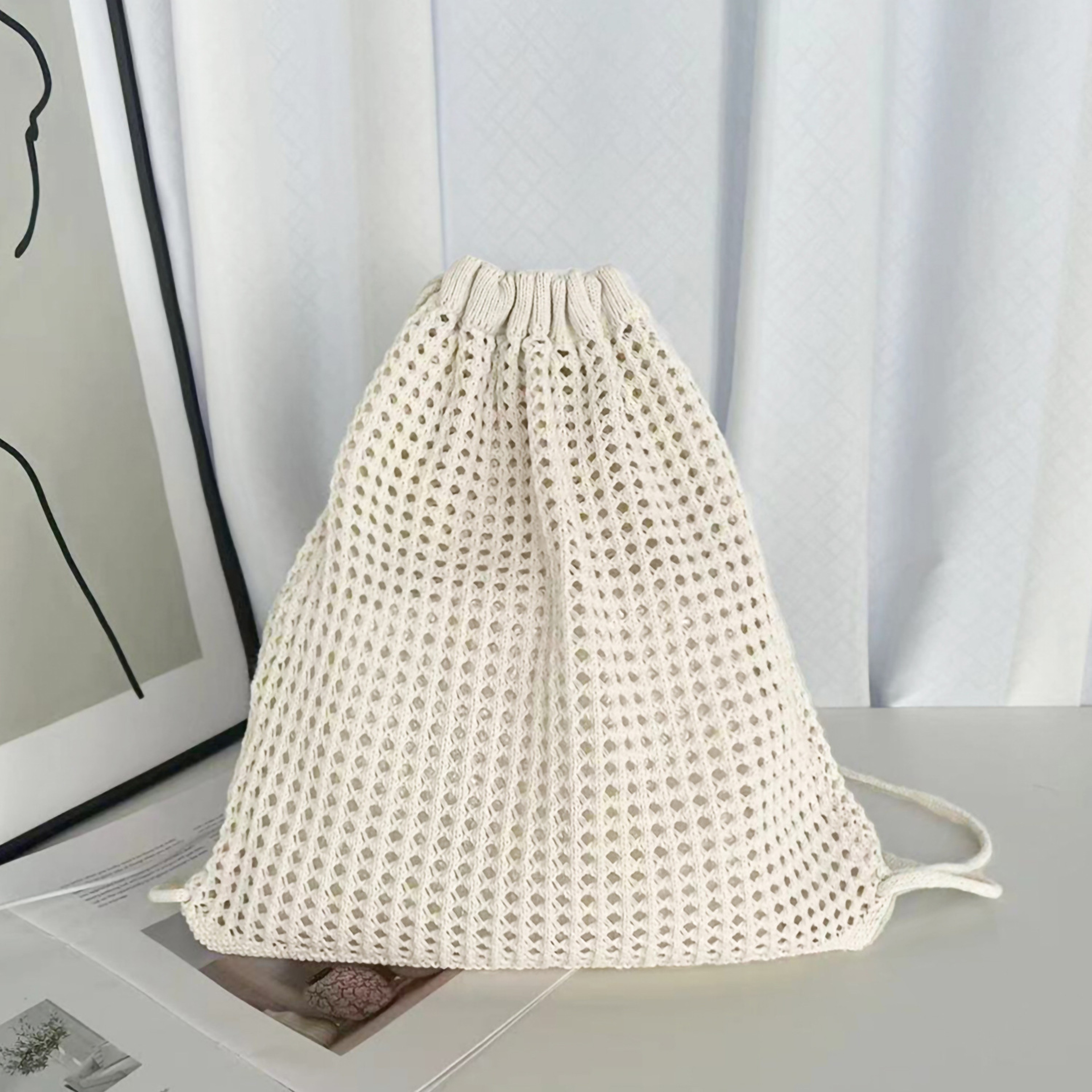 Handmade Knit Backpack Boho Crochet Beach Bag Drawstring Travel Backpack for Women – view 8