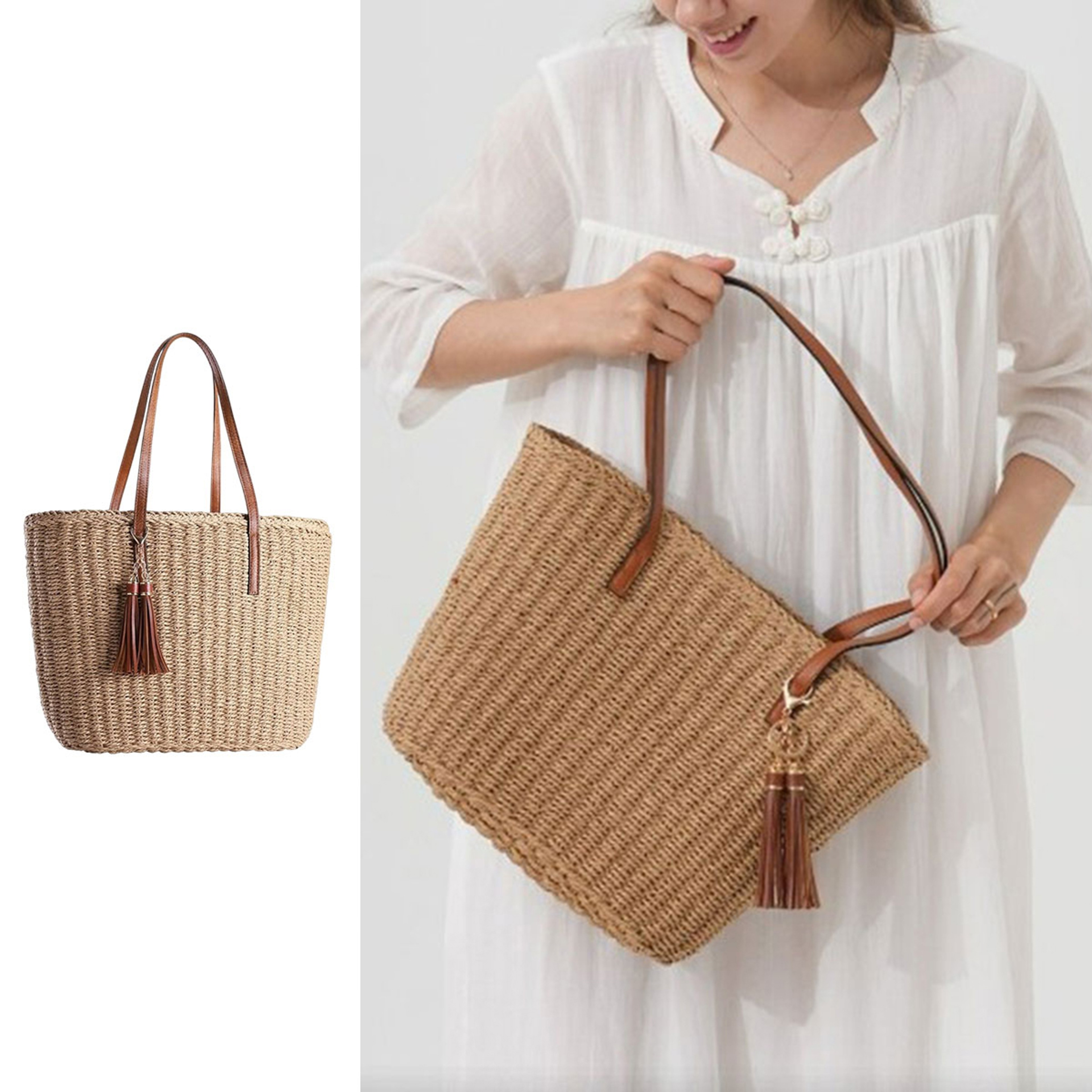 Chic Woven Straw Tote Bag with PU Leather Straps – view 5