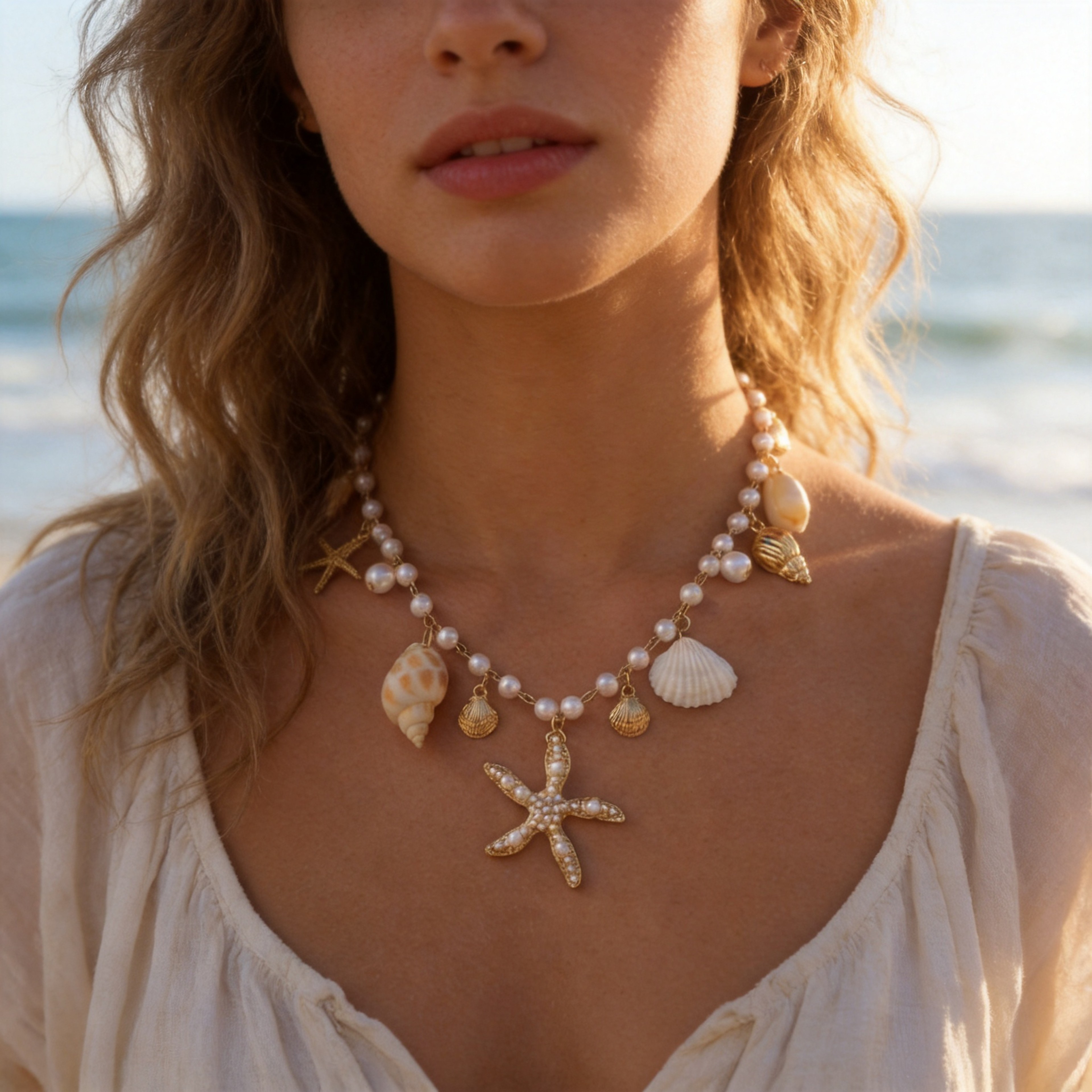 Golden Seaside Shell Pearl Necklace – view 4