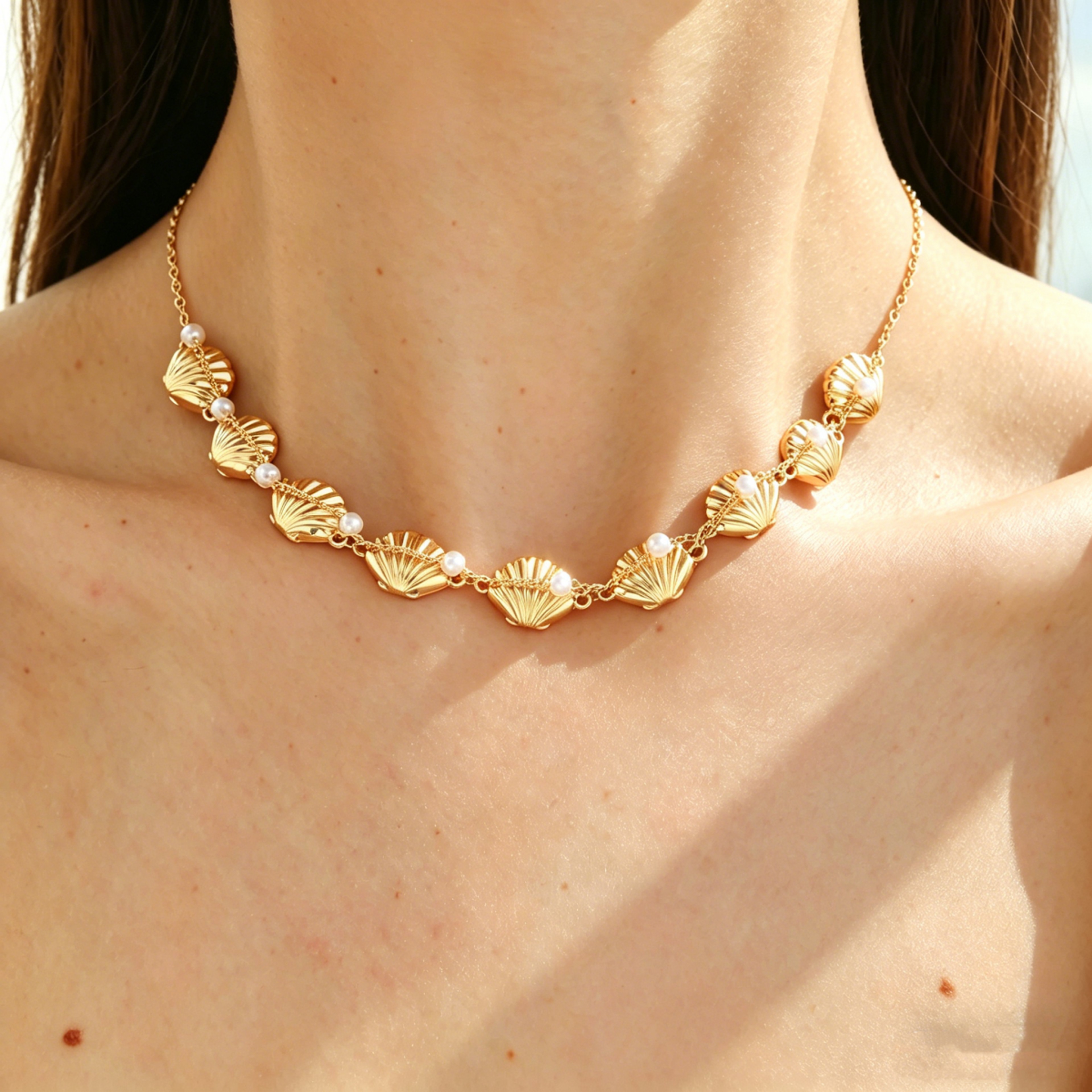 Golden Shell Choker Necklace With Pearls For Summer Beach 0
