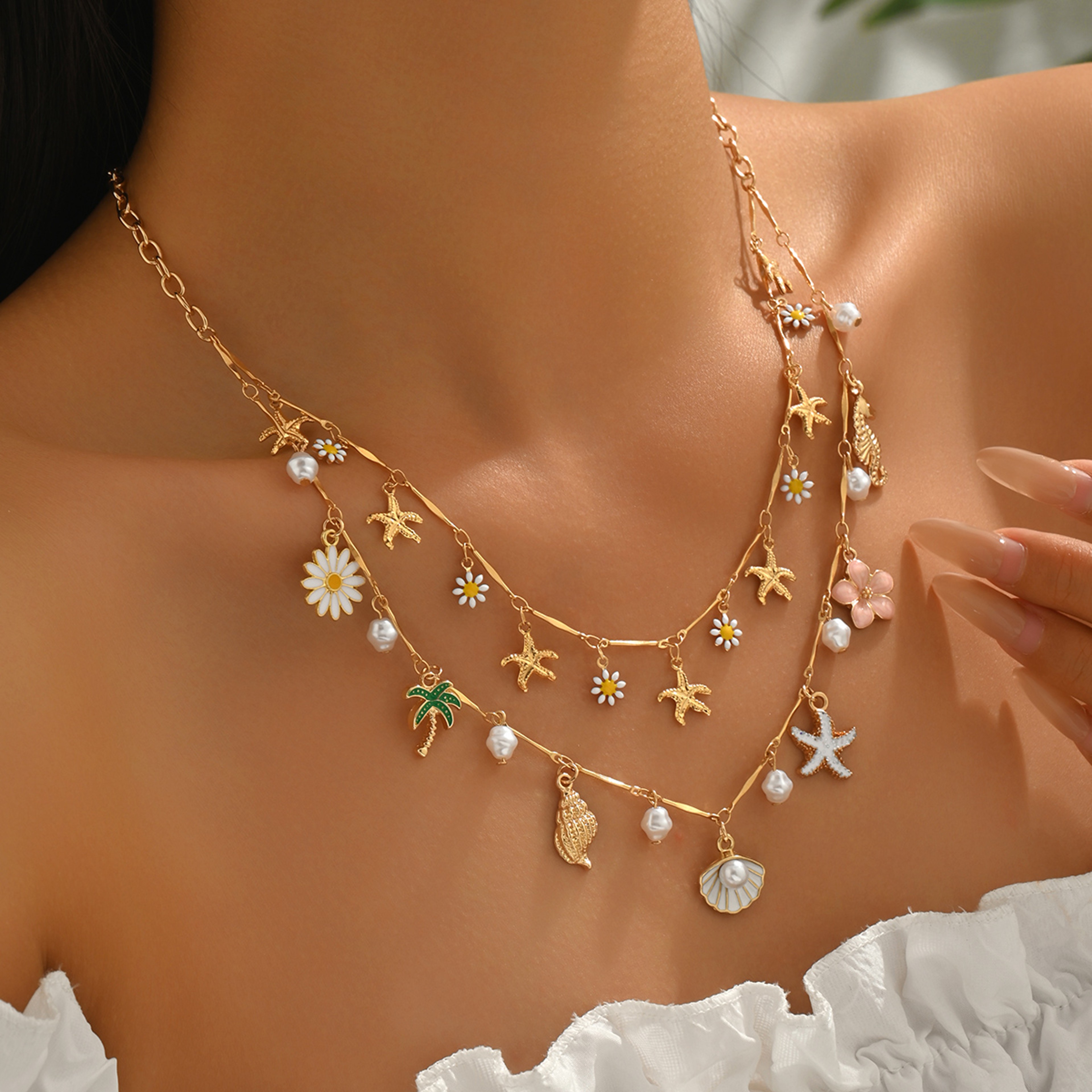 Golden Summer Layered Daisy  Pearl Beach Necklace 3