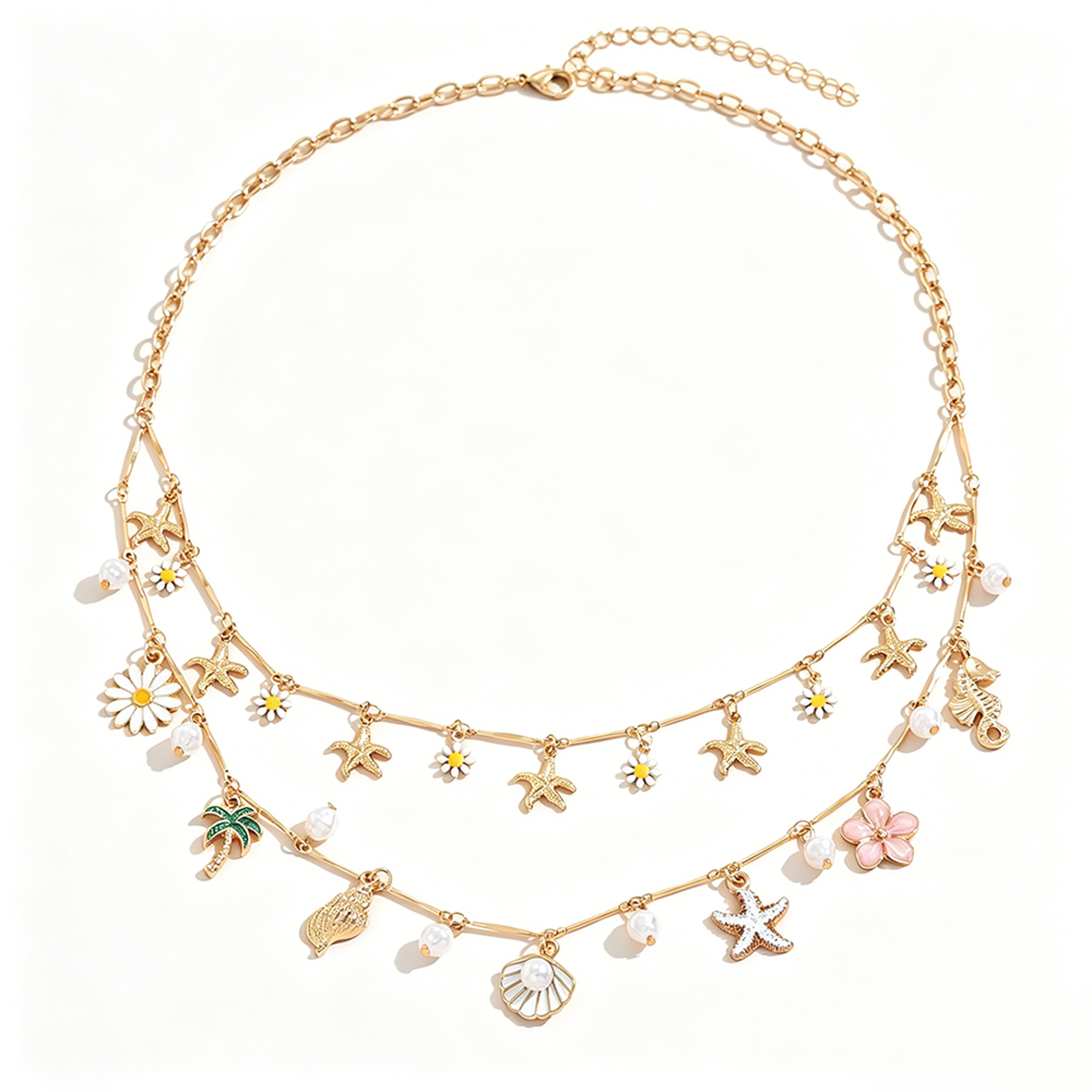 Golden Summer Layered Daisy  Pearl Beach Necklace 4