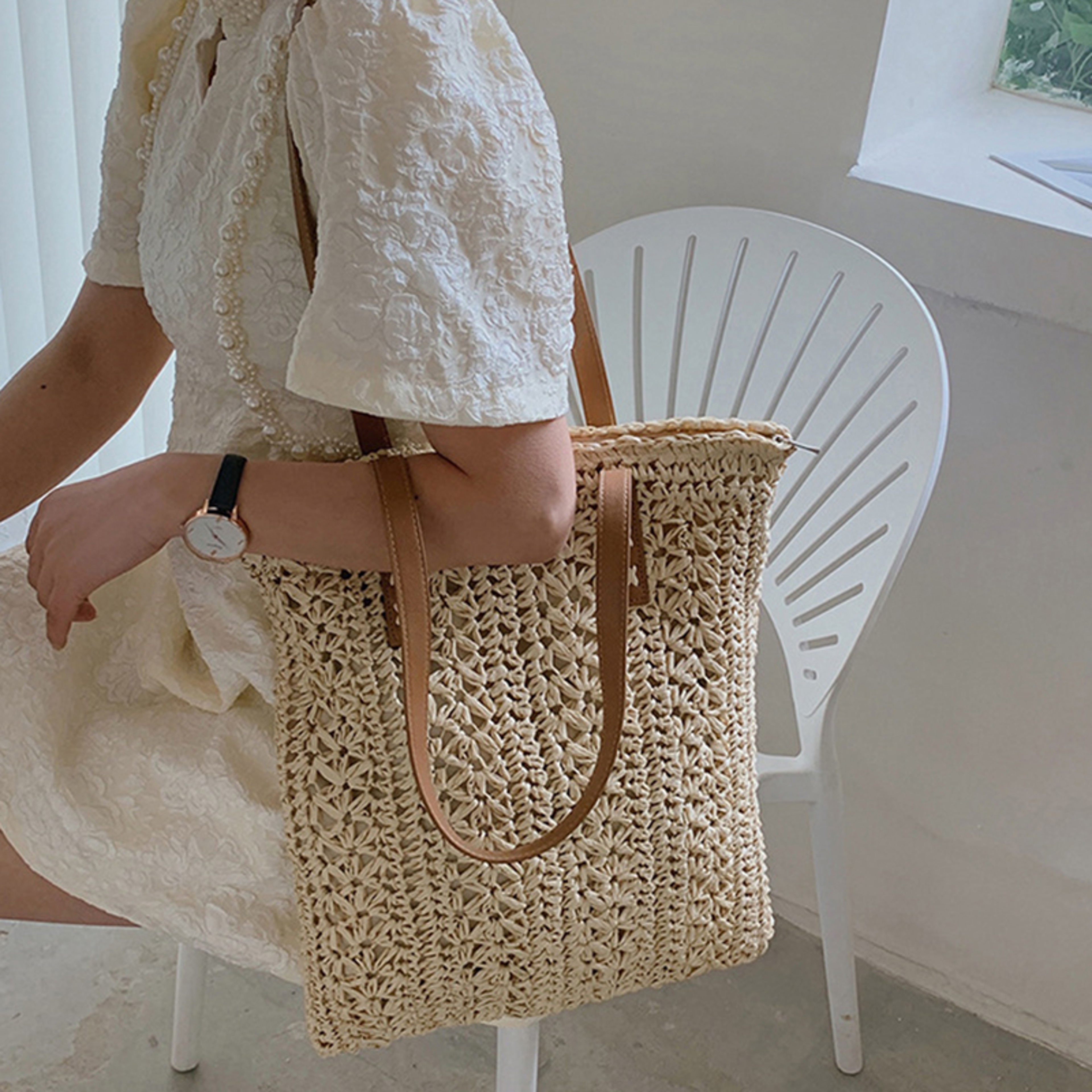Handmade Raffia Straw Beach Bag Boho Hollow Woven Shoulder Tote – view 2