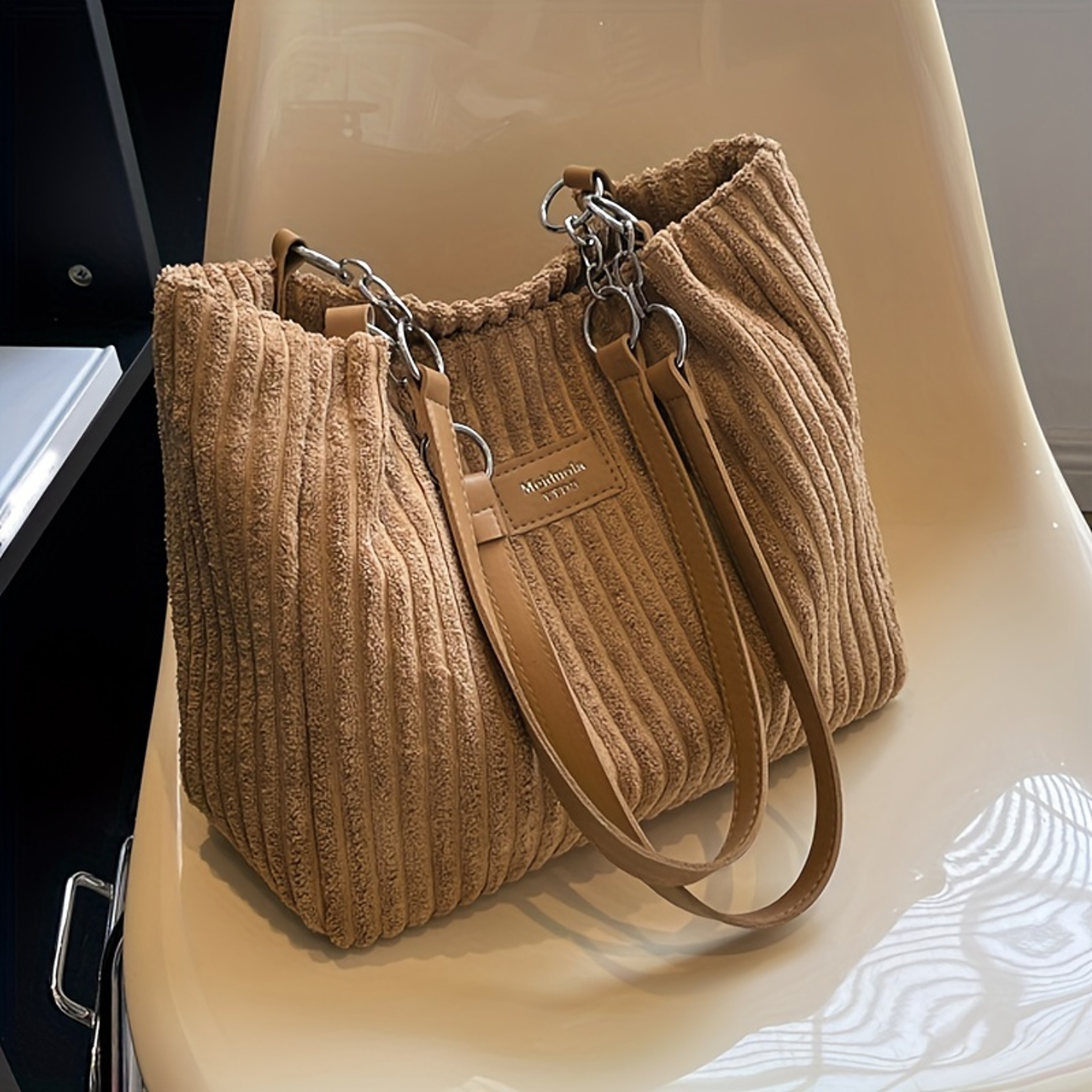 Chic Corduroy Tote Bag for Women, Spacious Everyday Shoulder Handbag with Chain Accent – view 10