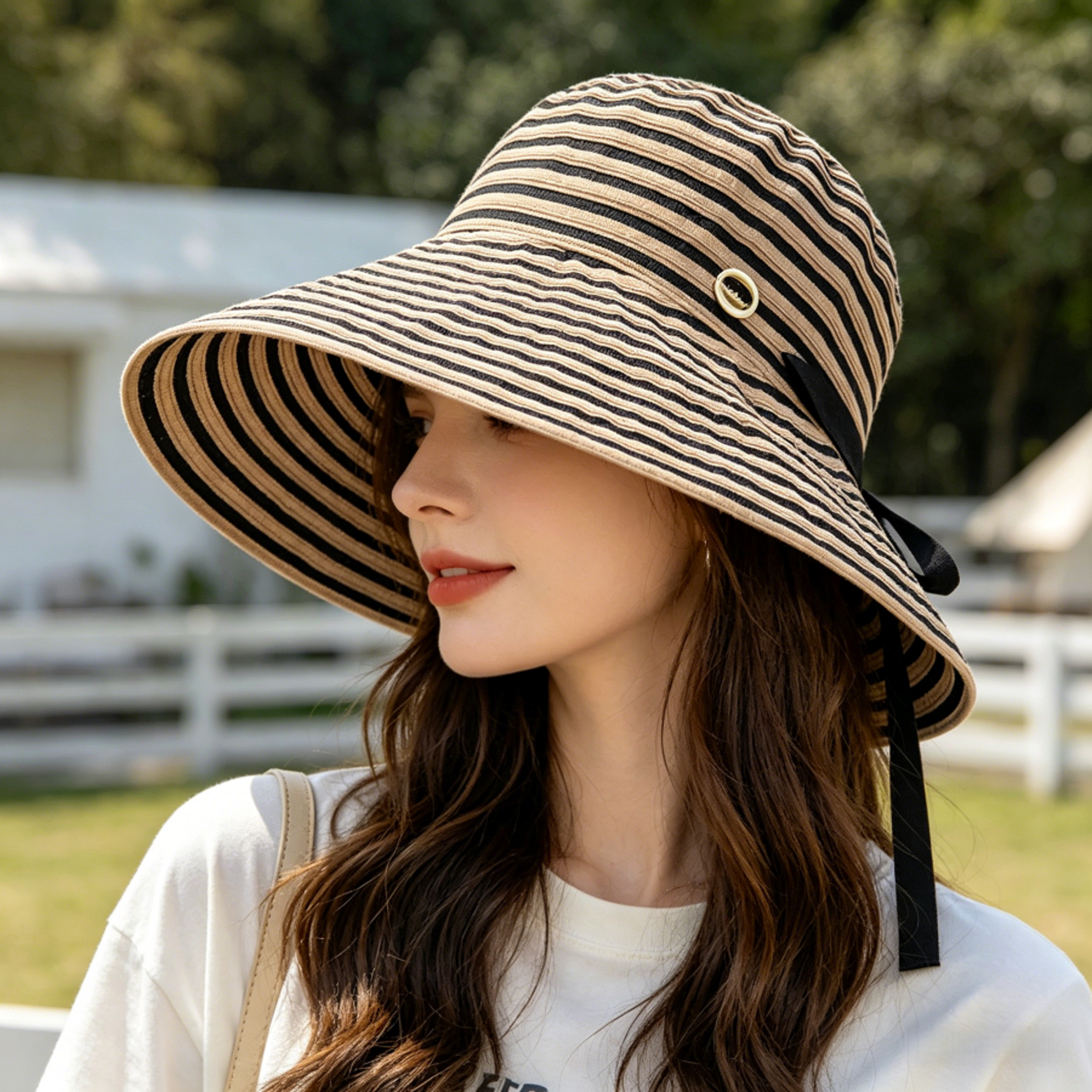 Foldable Striped Wide-Brimmed Sun Hat with Windproof Strap – view 1