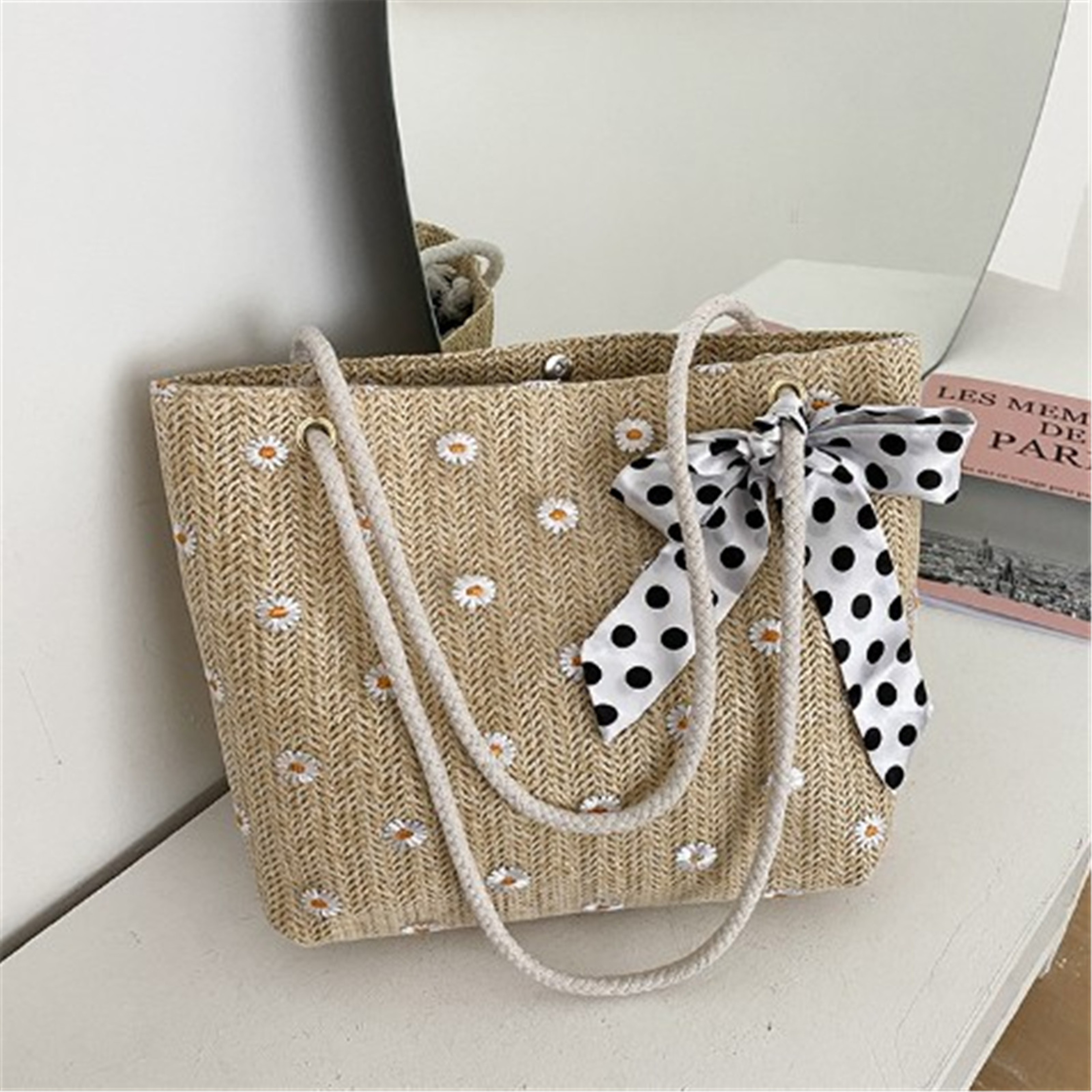 Floral Embroidered Straw Beach Tote Bag – view 9