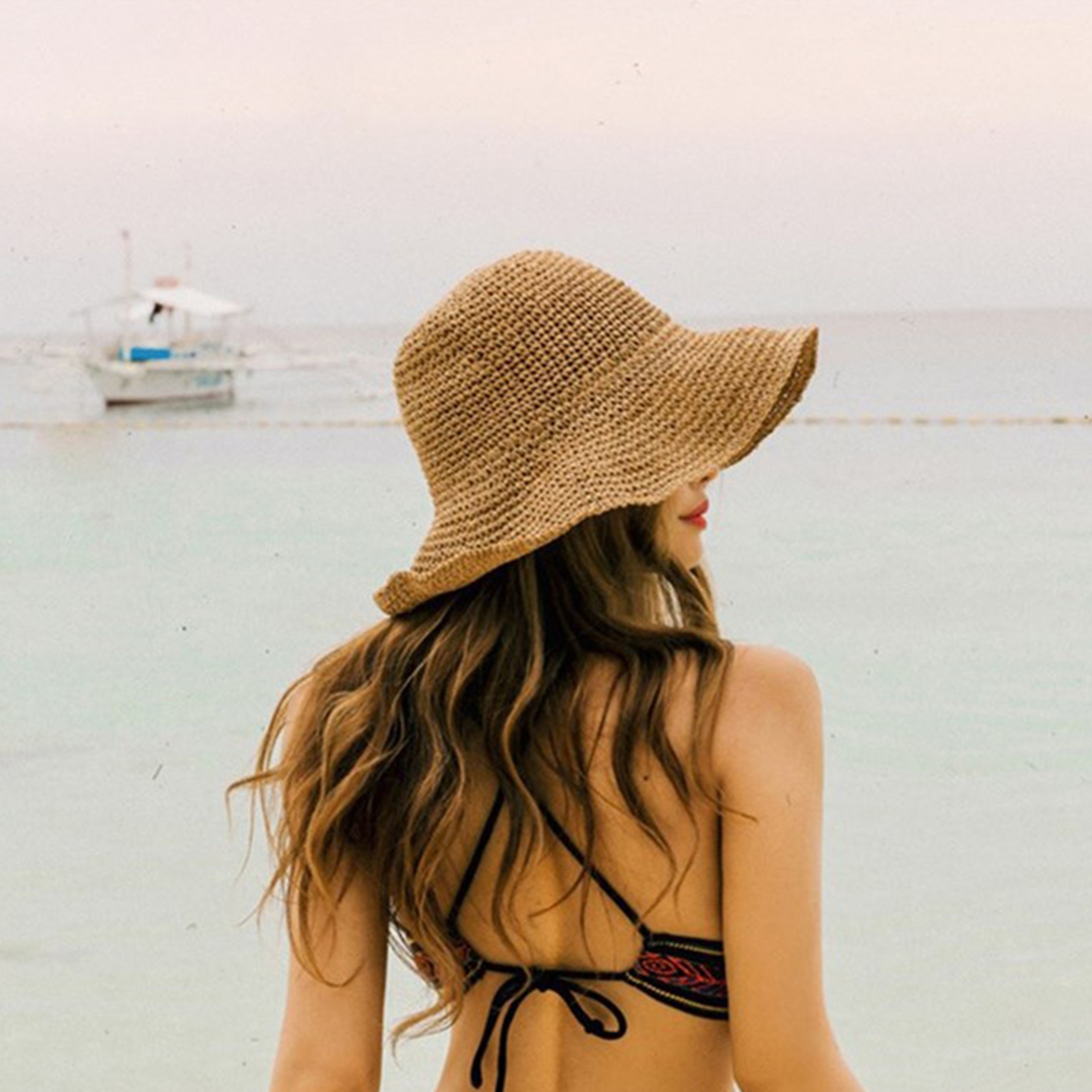 Women Panama Straw Hat Summer Beach Sun Hat 10cm Brim Floppy Travel Cap 0