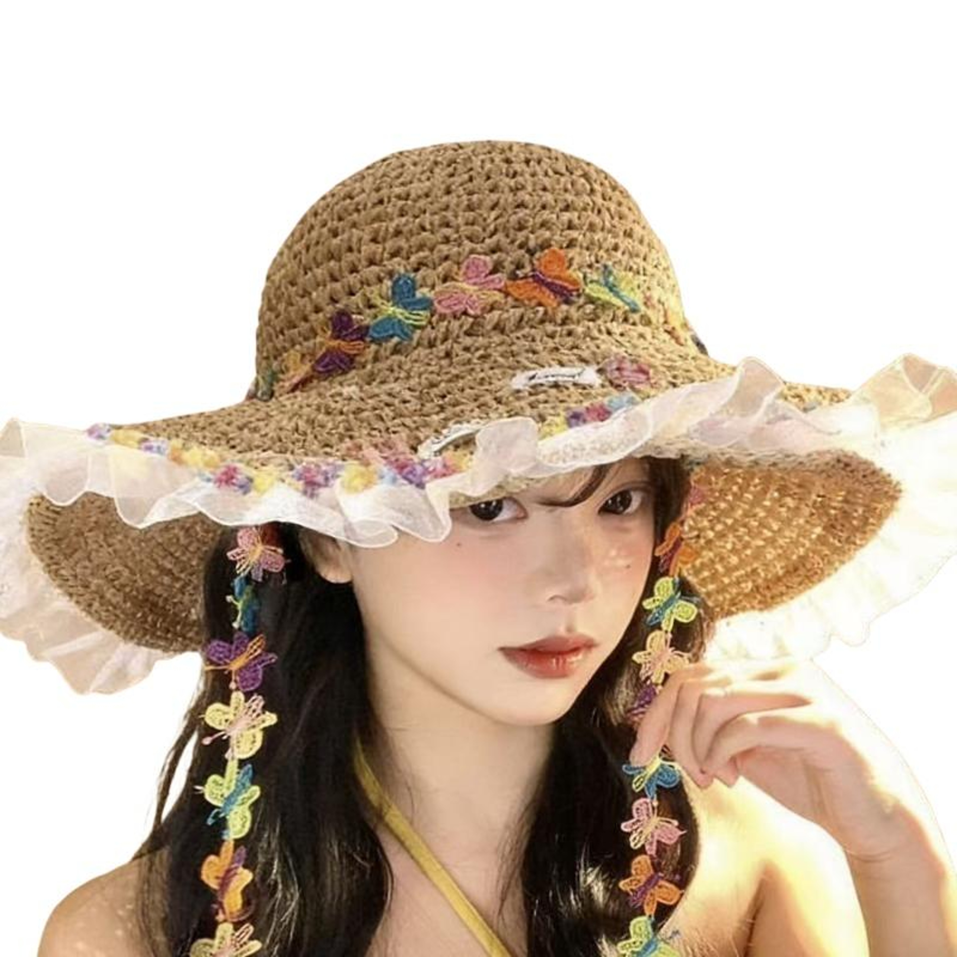 Summer Colorful Butterfly Straw Hat Wide Brim Beach Sun Protection – view 6