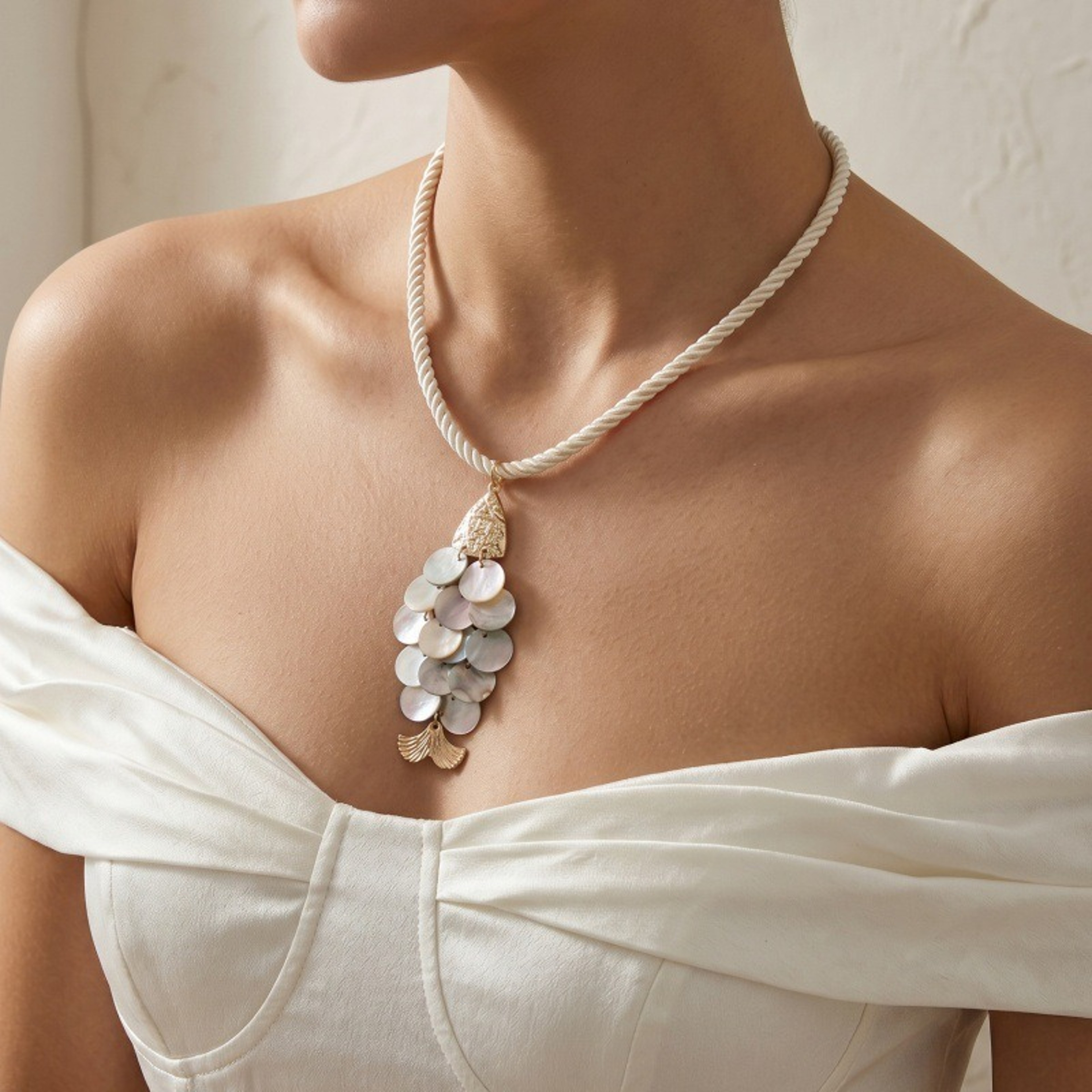 Goldfish Pendant Boho Choker Necklace with White Braided Rope – view 1
