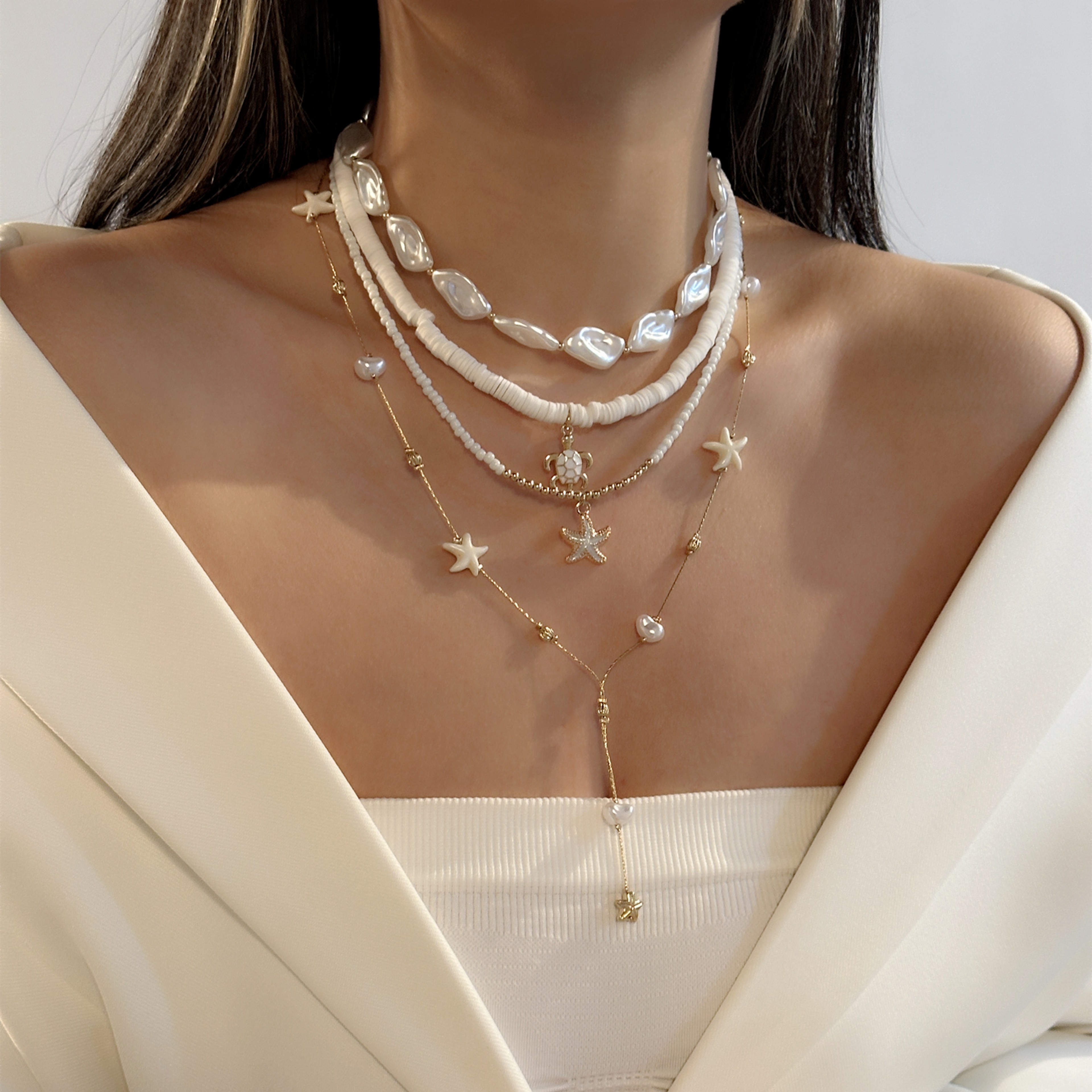 Coastal Starfish Layered Y Lariat Necklace Set for Women – view 4