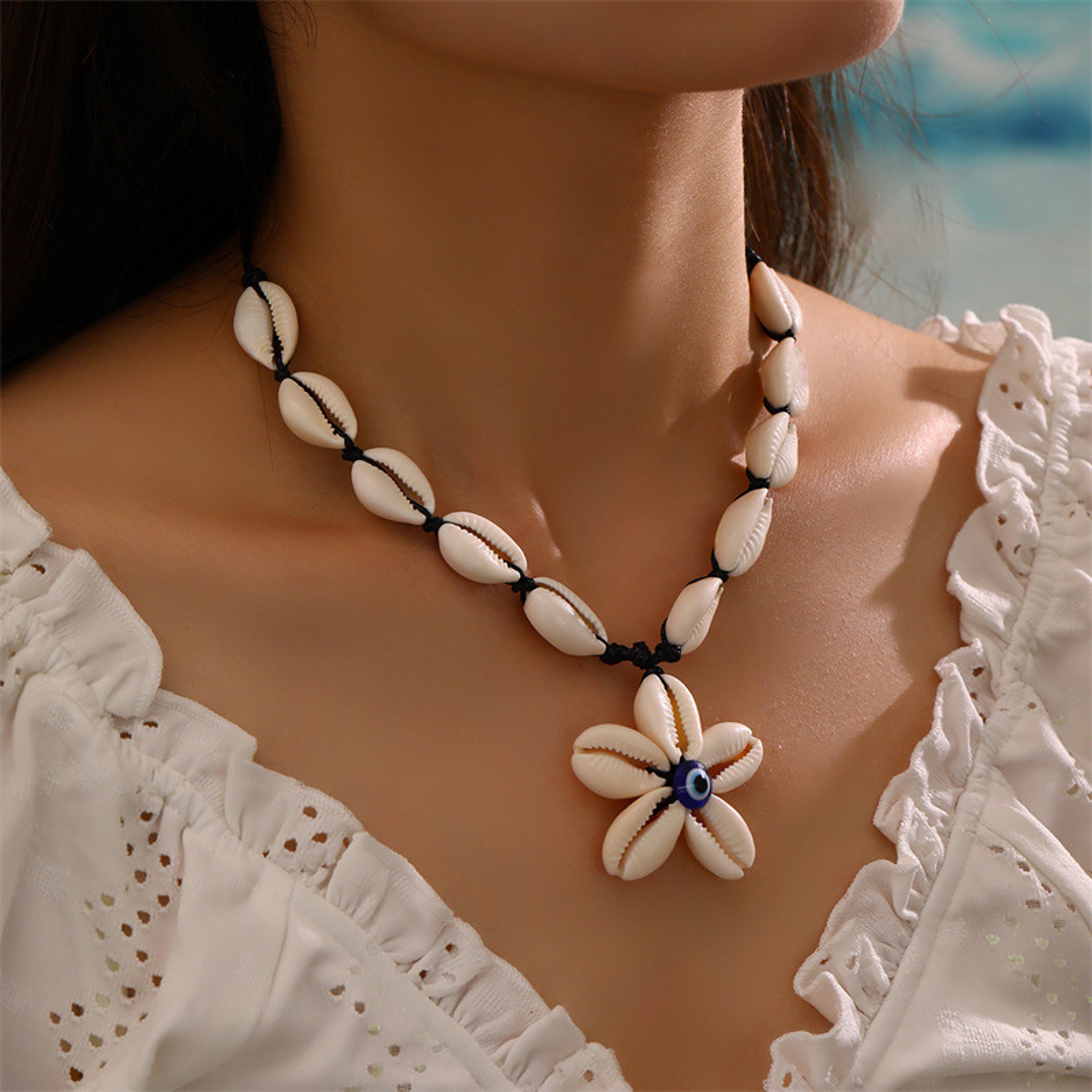 Boho Evil Eye Shell Necklace – view 1
