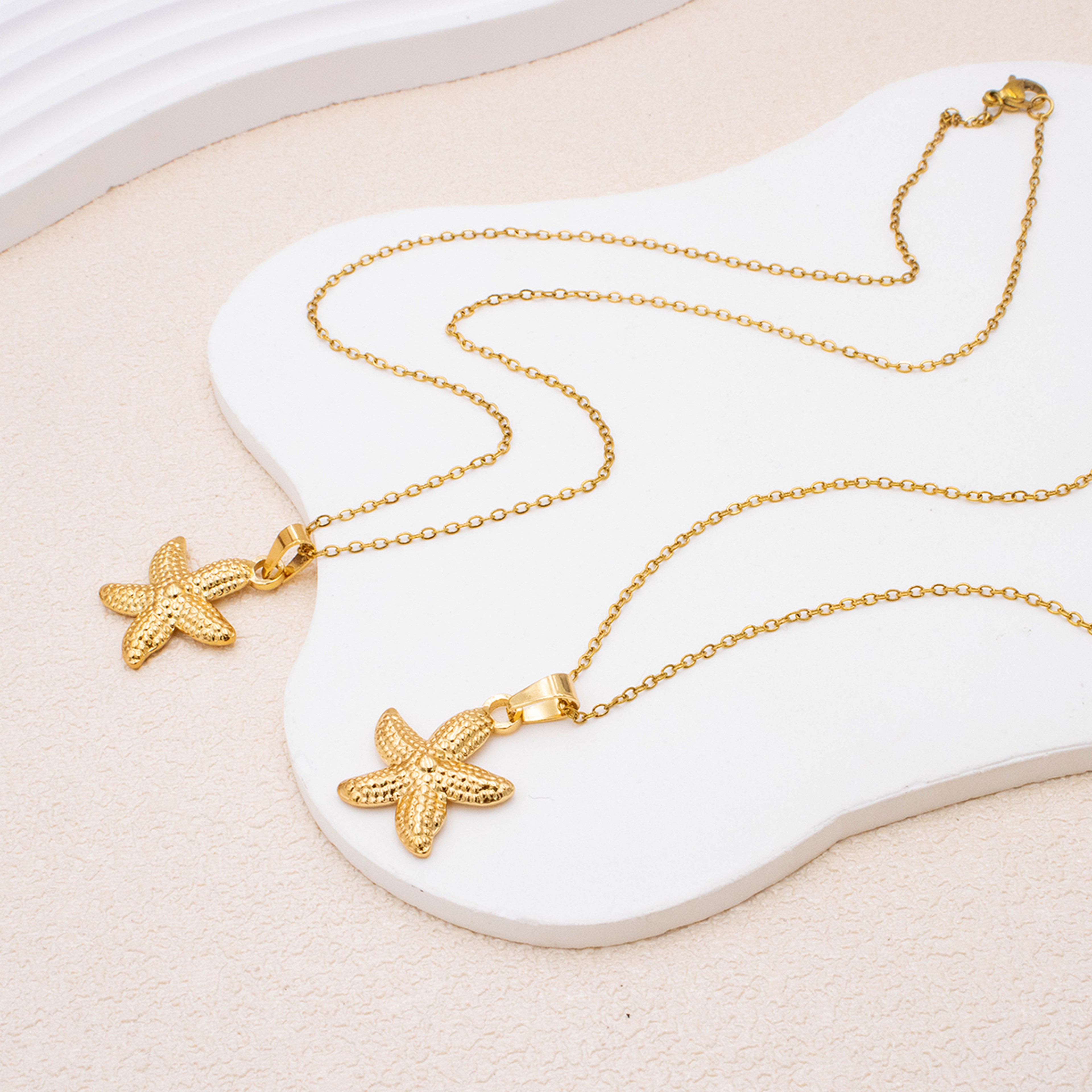 Gold Starfish Pendant Necklace For Women Stainless Steel Waterproof Beach Jewelry 3
