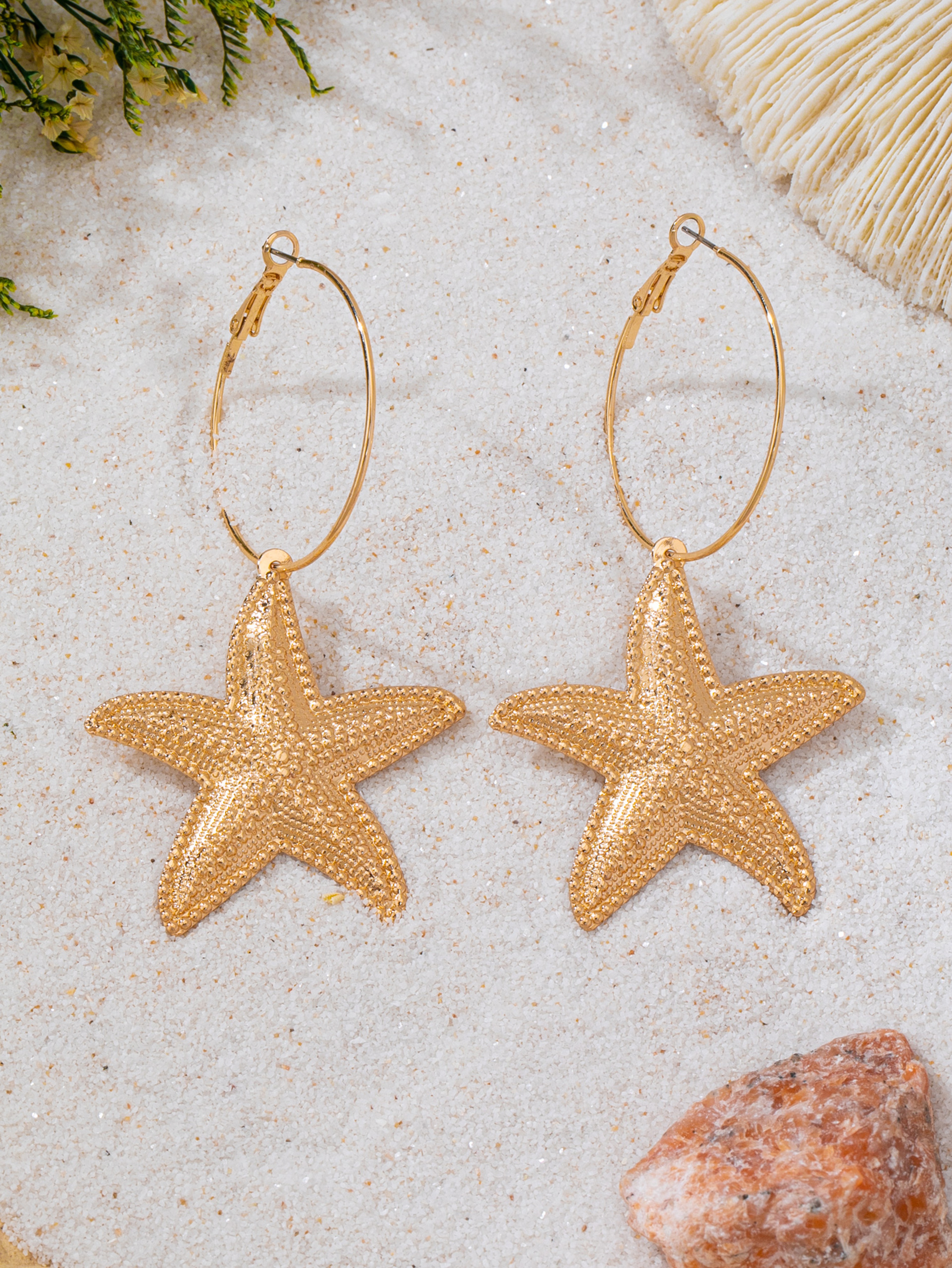Textured Gold Starfish Hoop Dangle Earrings Bohemian Summer Vacation Jewelry 5