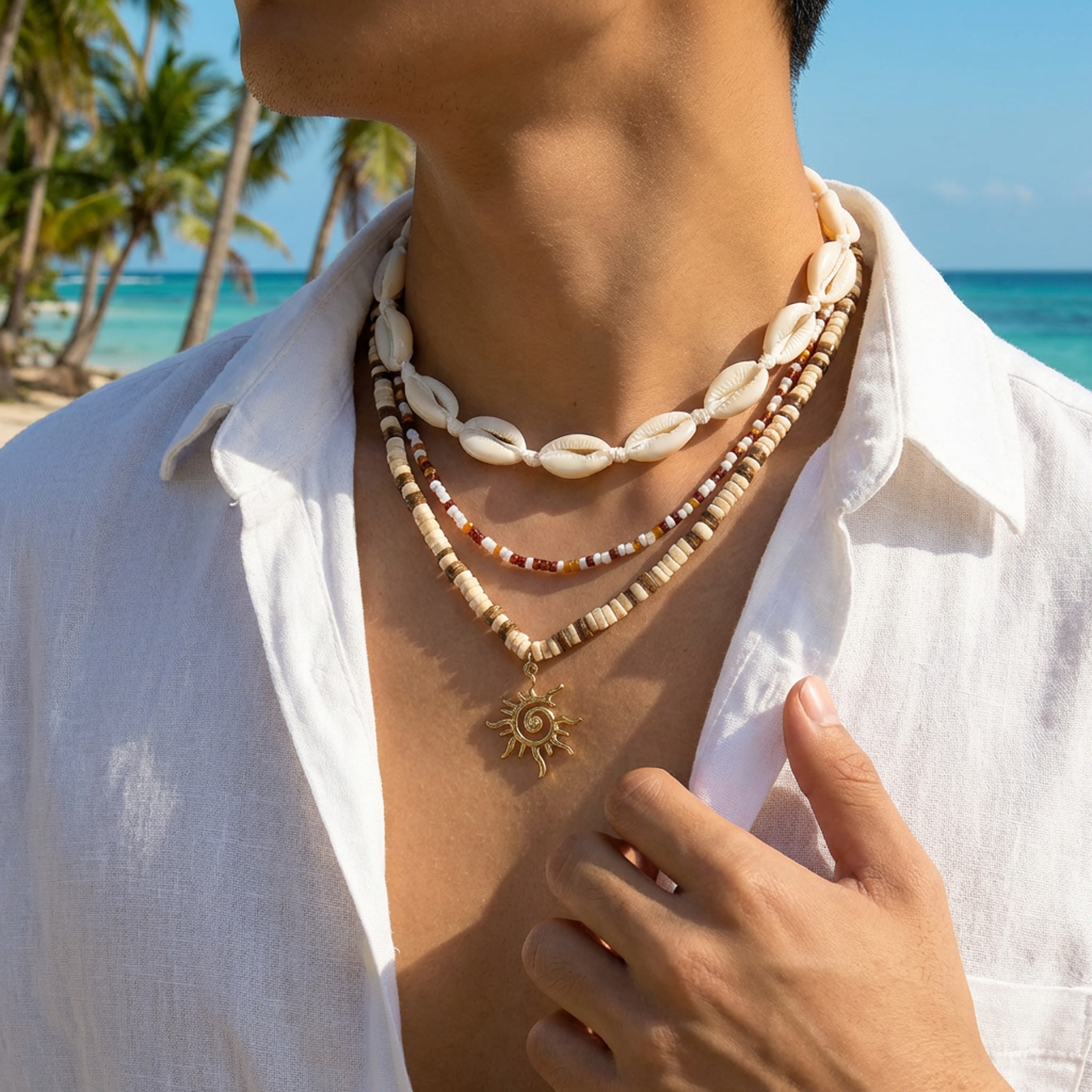 Boho Surfer Layered Shell Necklace with Wood Beads and Sun Pendant – view 2