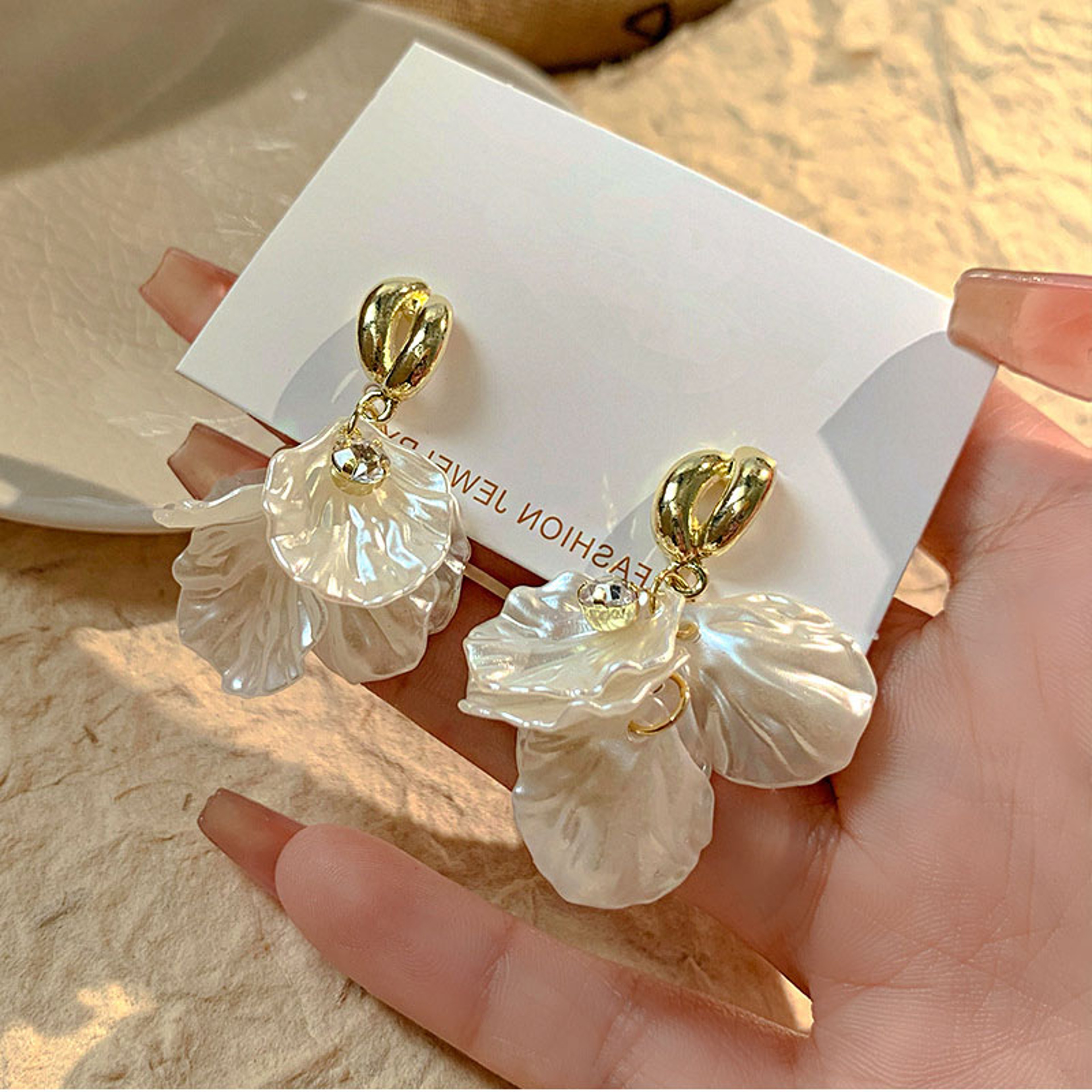 Korean White Flower Petal Tassel Drop Earrings – view 4