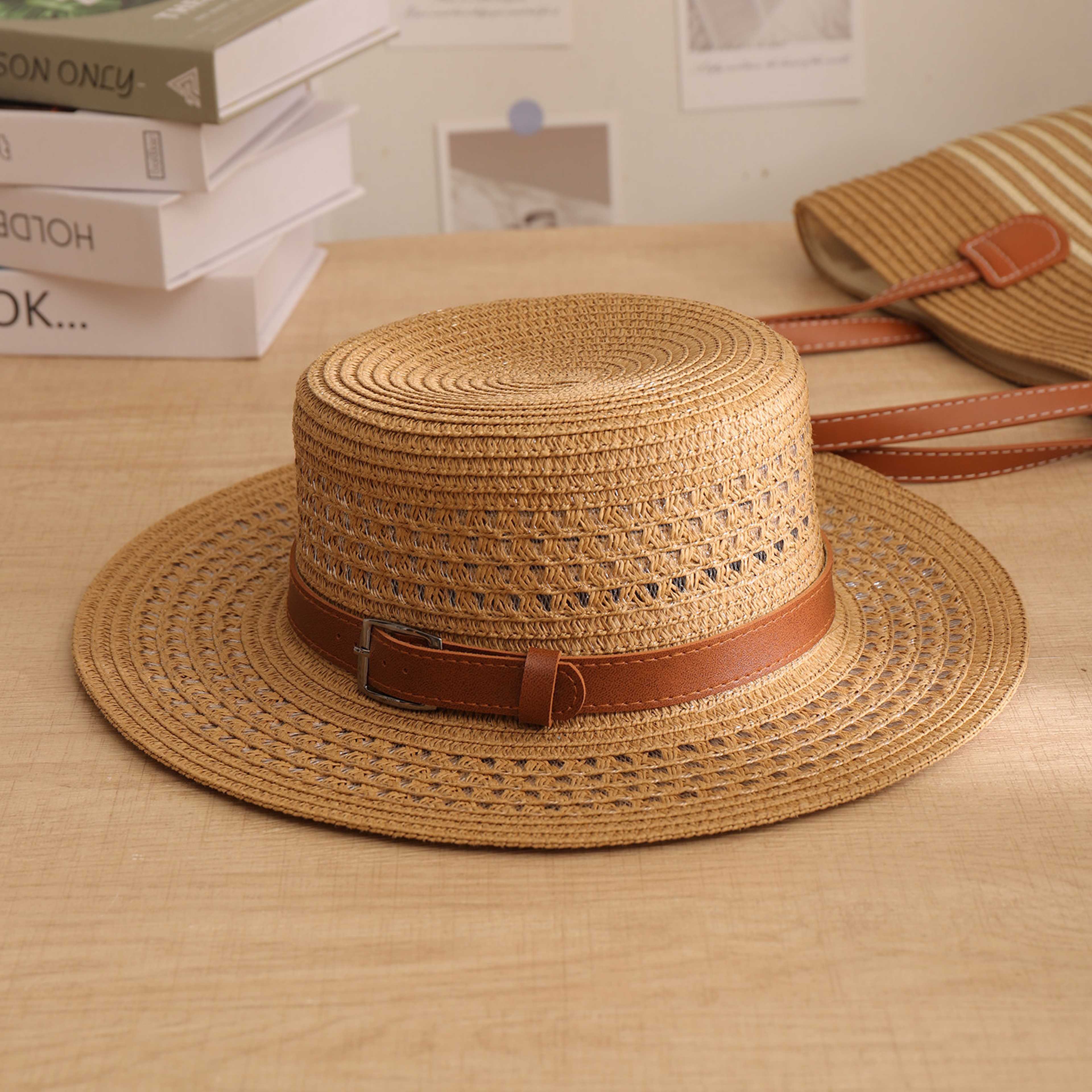French Straw Sun Hat with Leather Buckle – view 4