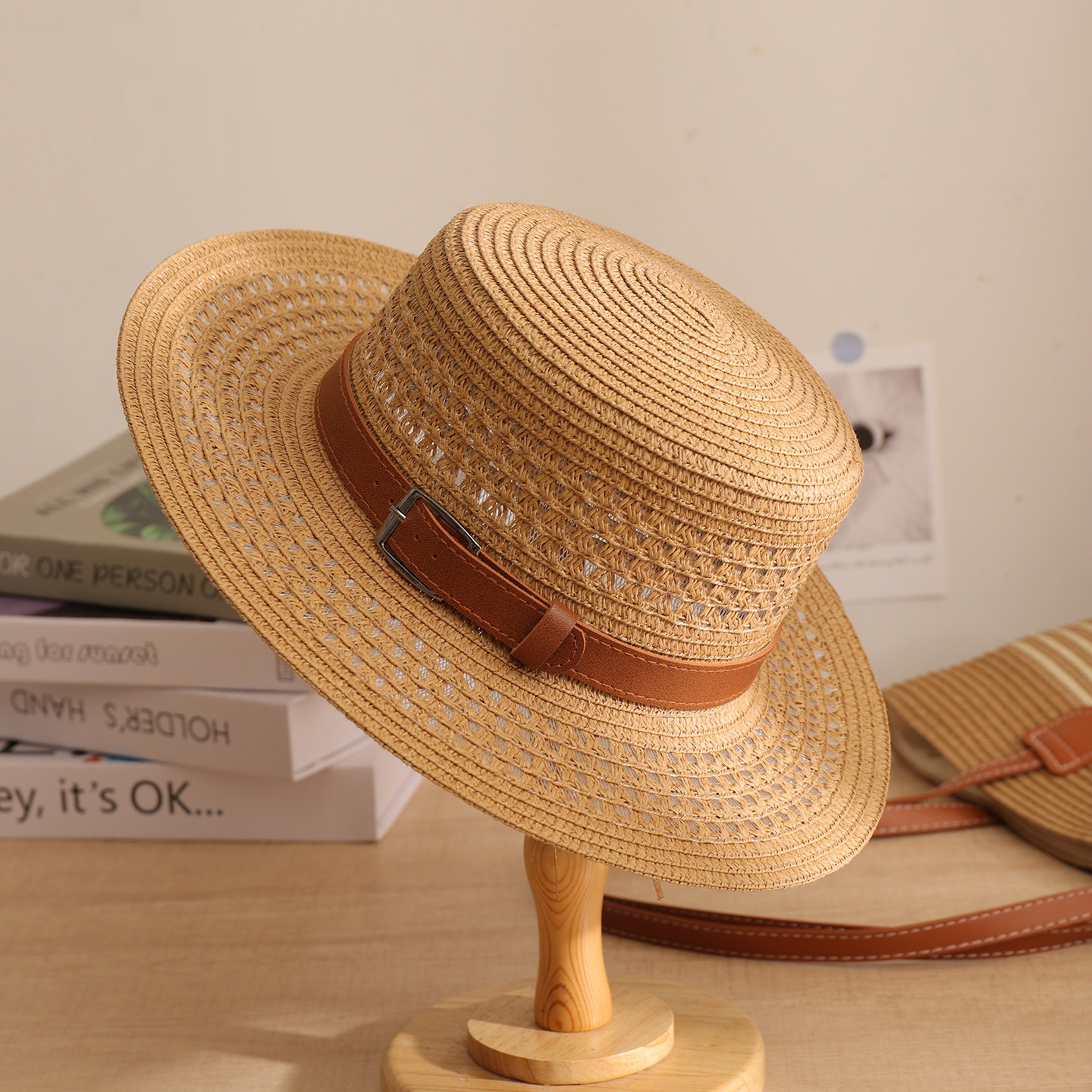 French Straw Sun Hat with Leather Buckle – view 7