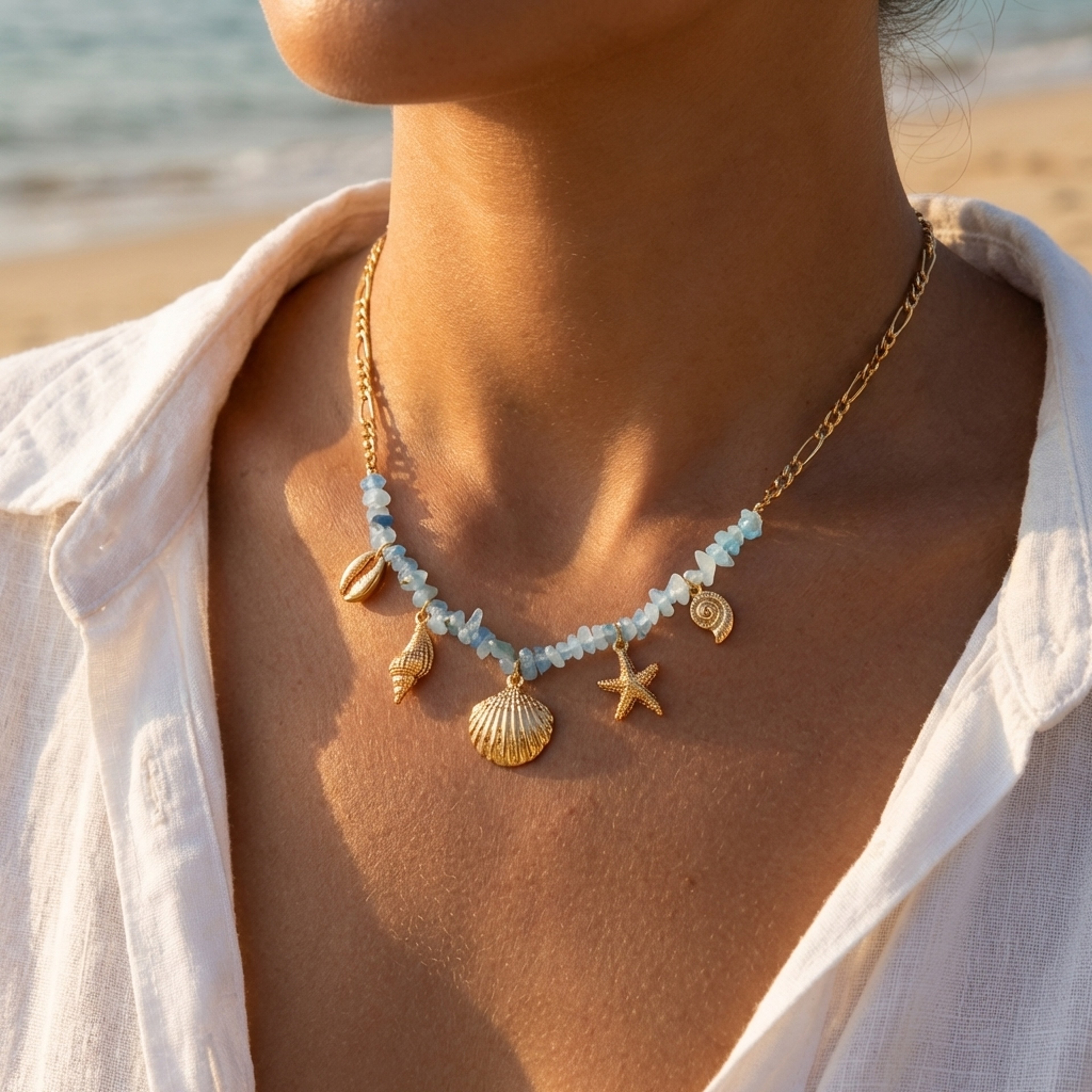 Boho shell necklace with blue irregular gravel conch pendant for women – view 2