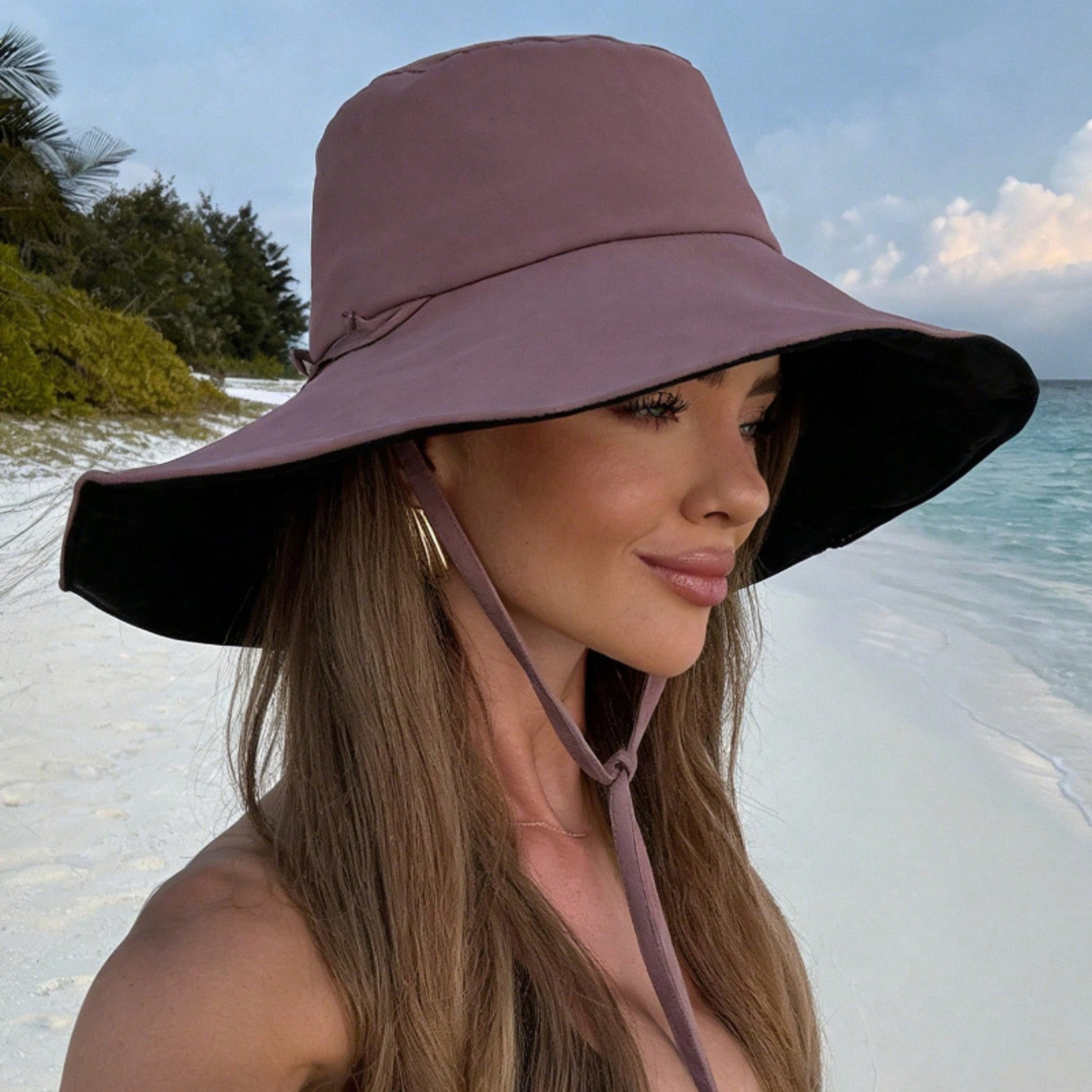Womens Frayed Brim Sun Hat with Adjustable Chin Strap – view 1