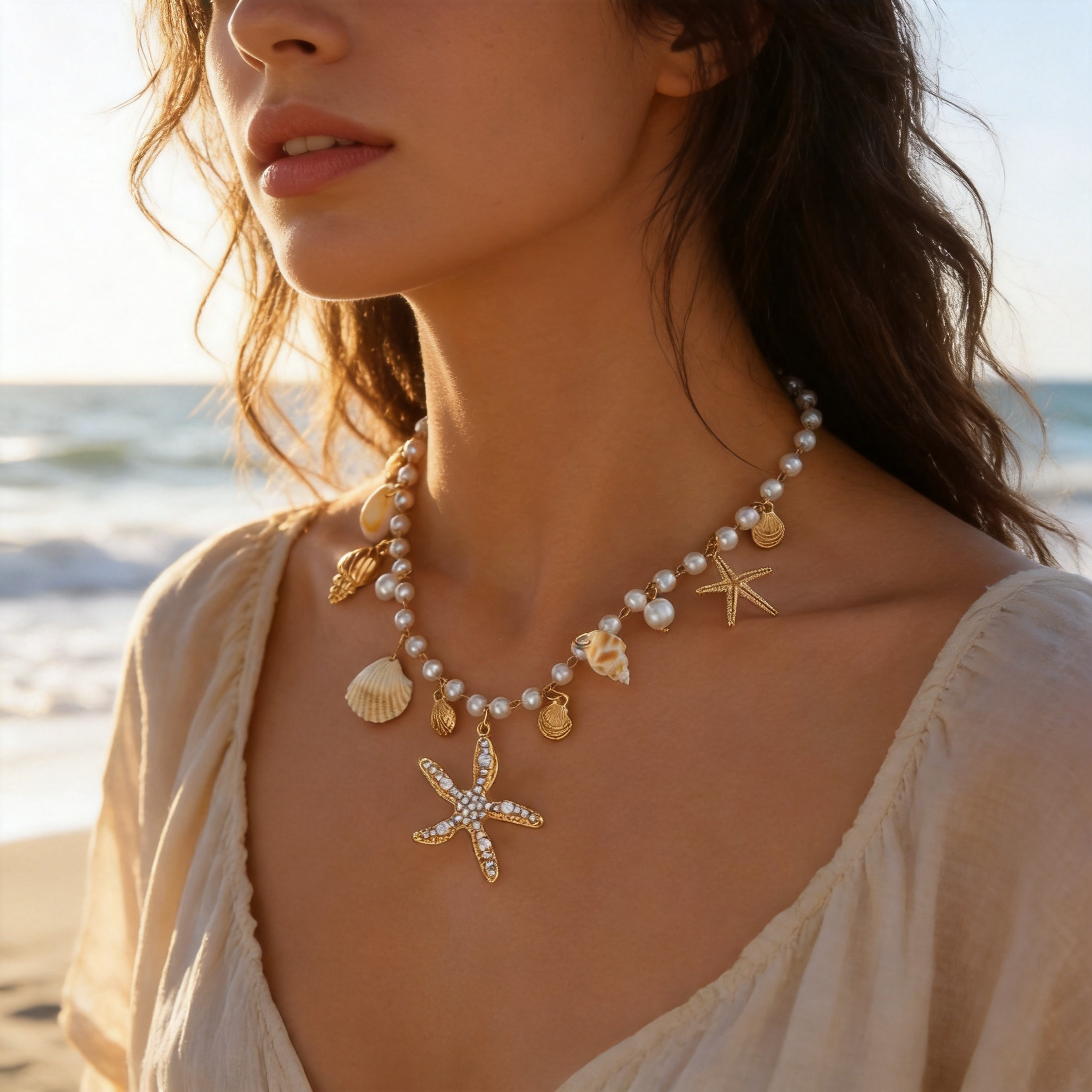 Shell Starfish Pearl Necklace for Women Coastal Beach Jewelry – view 2