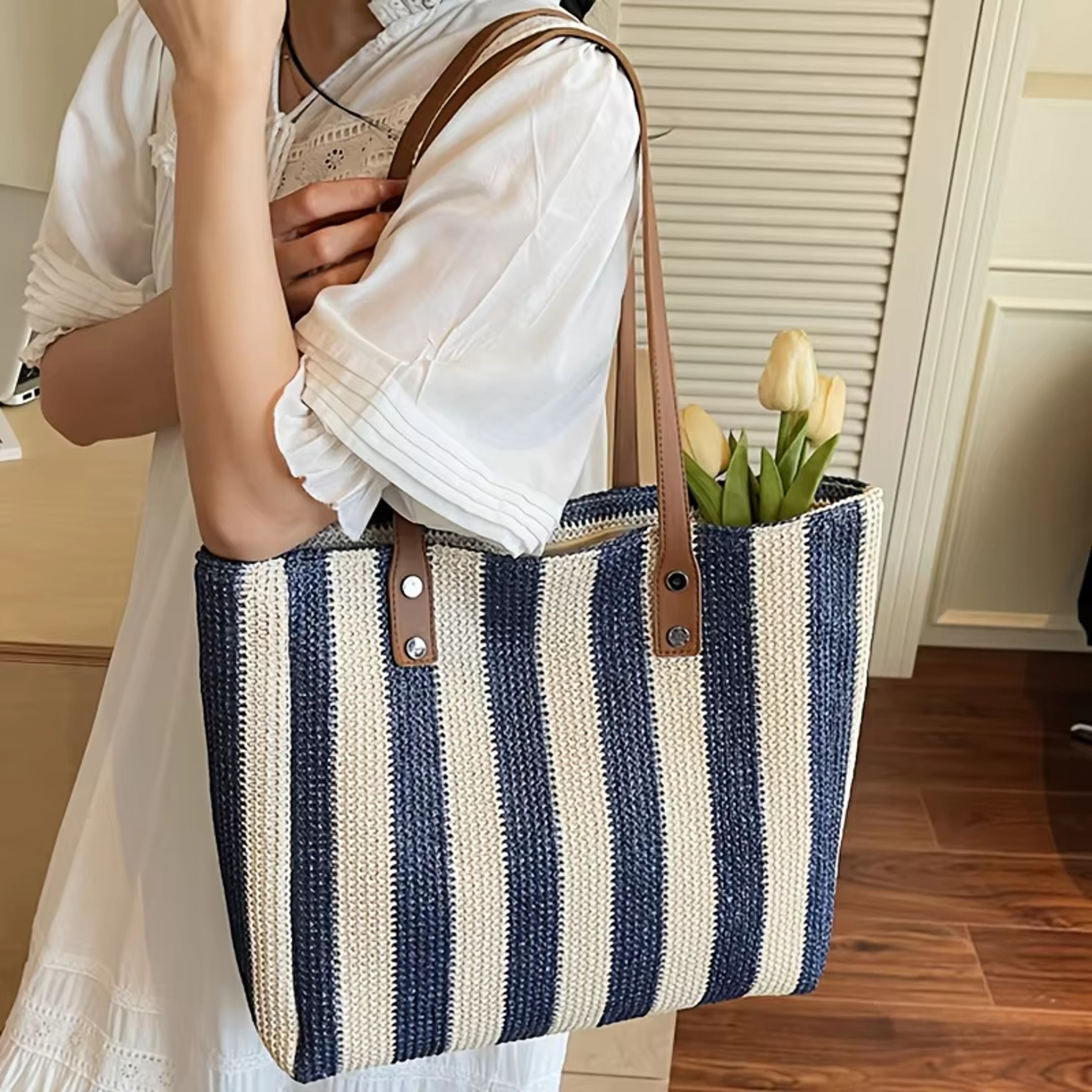 Classic Striped Retro Straw Woven Handbag & Beach Tote – view 3