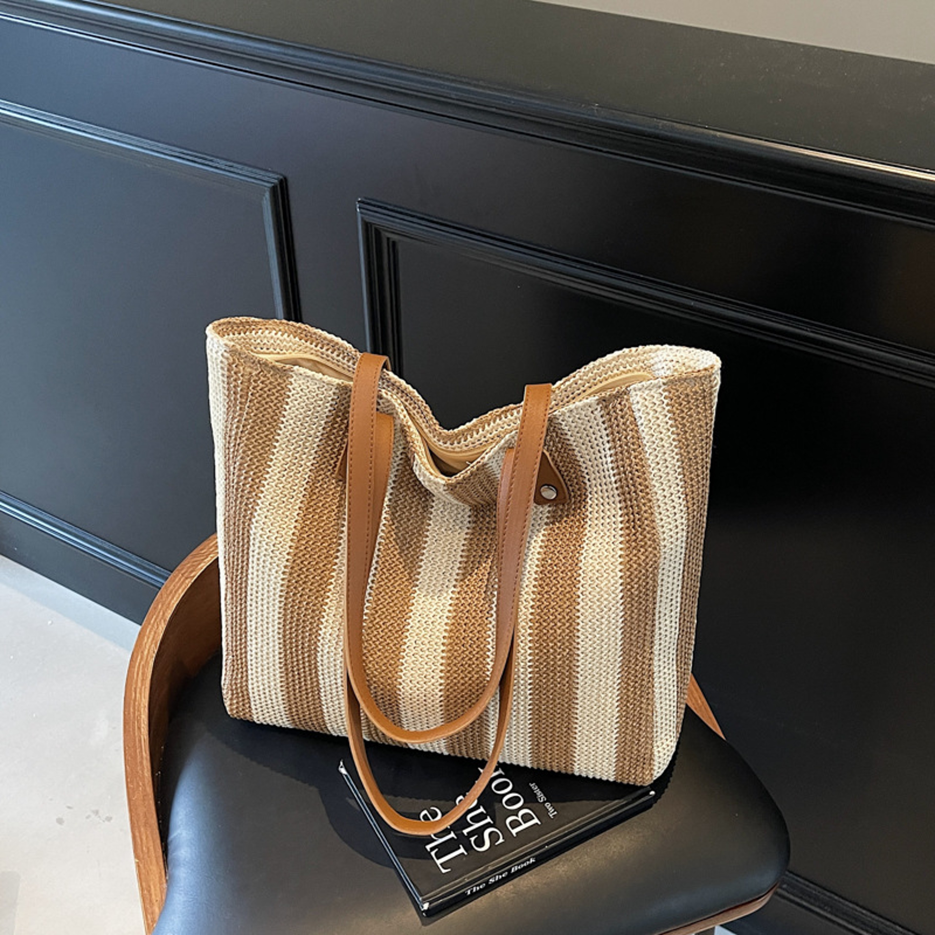 Classic Striped Retro Straw Woven Handbag & Beach Tote – view 7