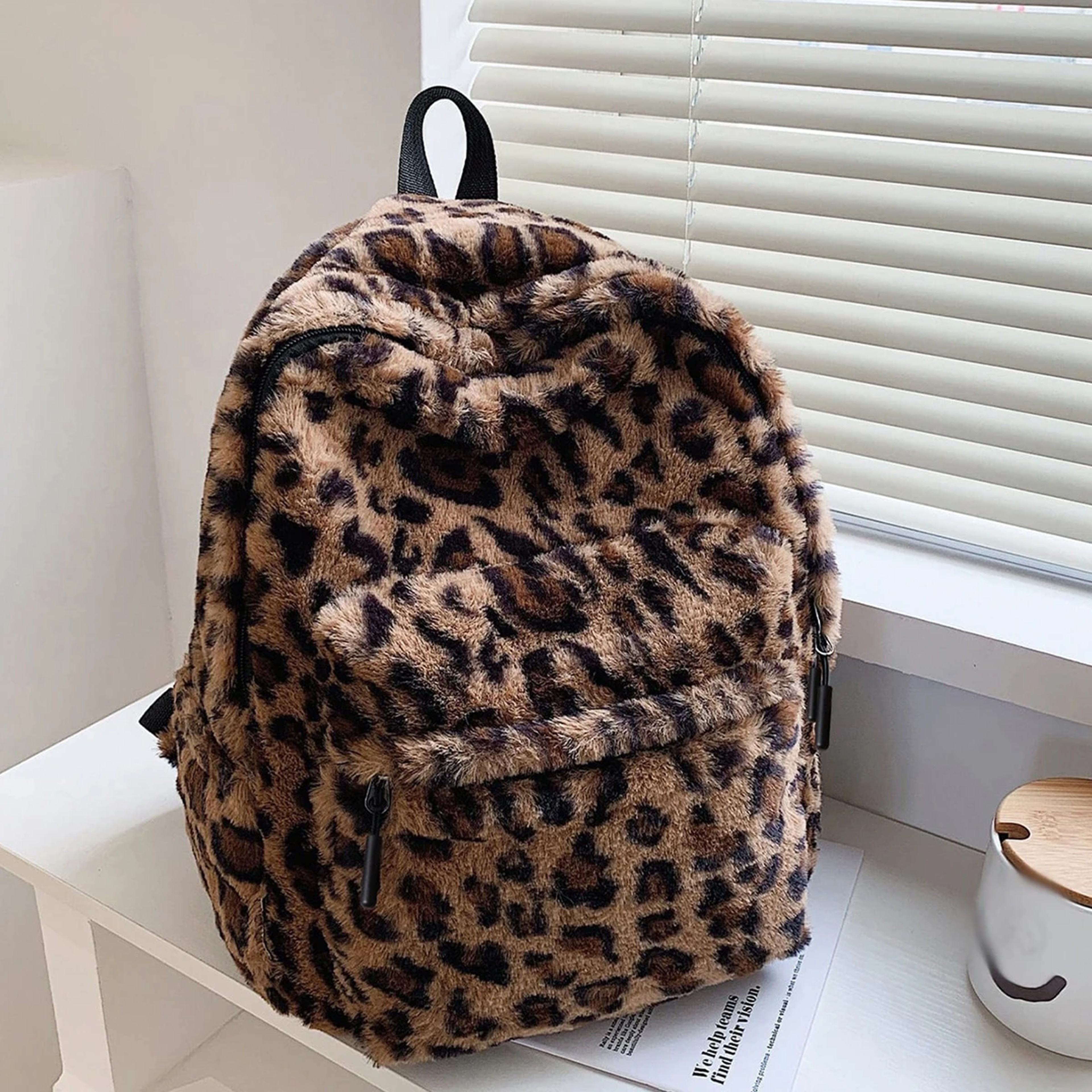 Chic Leopard Print Plush Backpack Large Capacity Backpack Purse – view 1