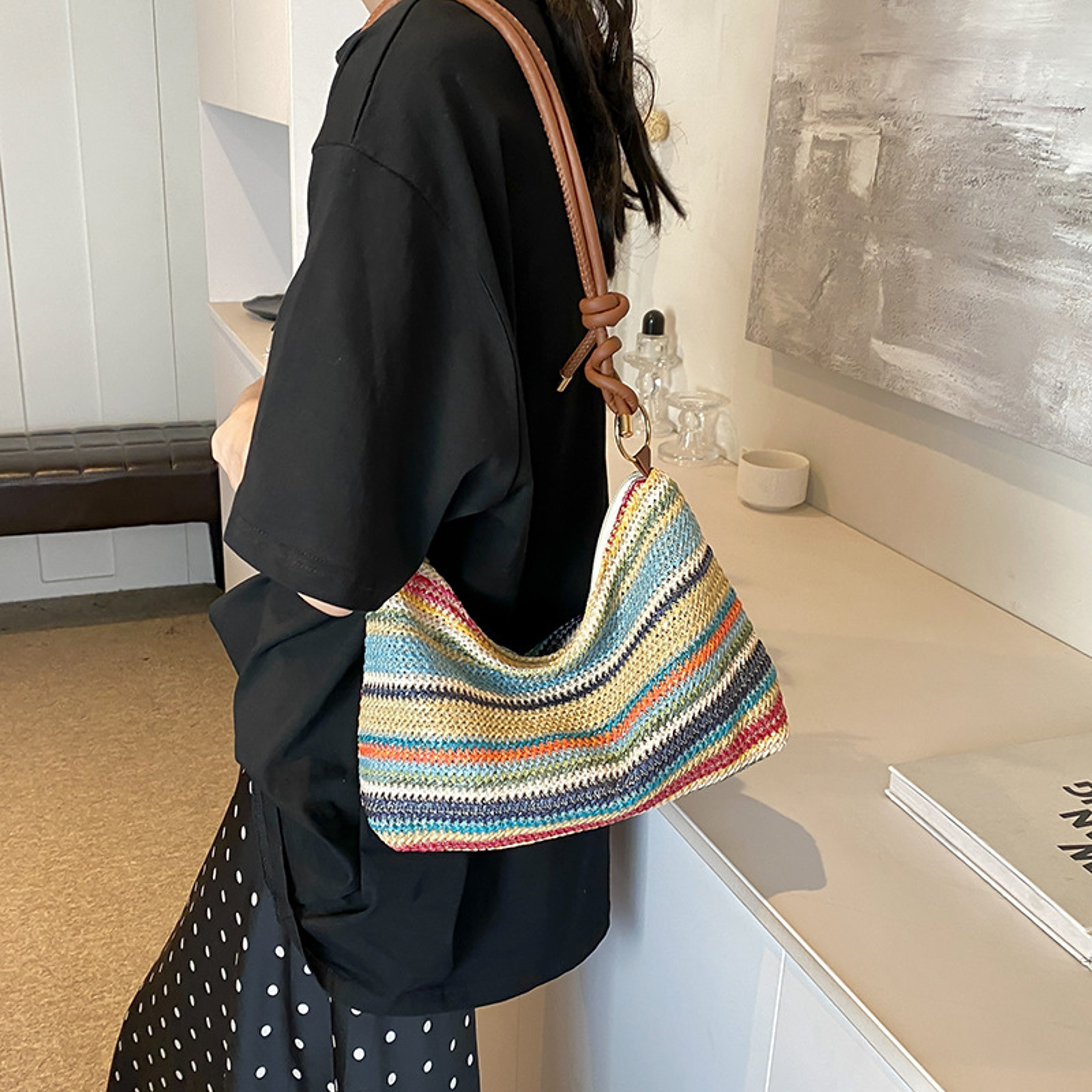 Striped Woven Straw Tote Bag with Coin Purse – view 2