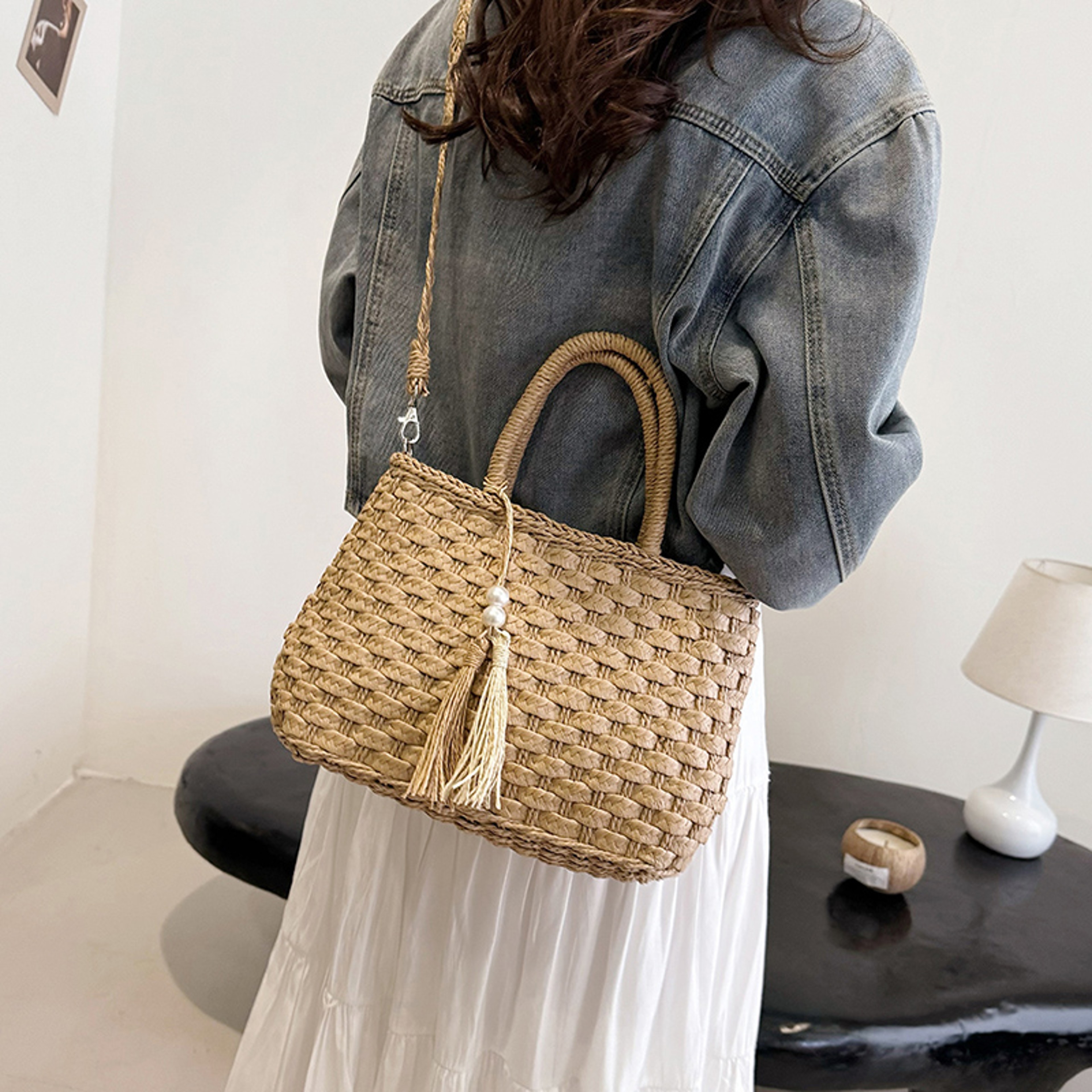 Straw Weaving Tassel Drawstring Shoulder Bag – view 1
