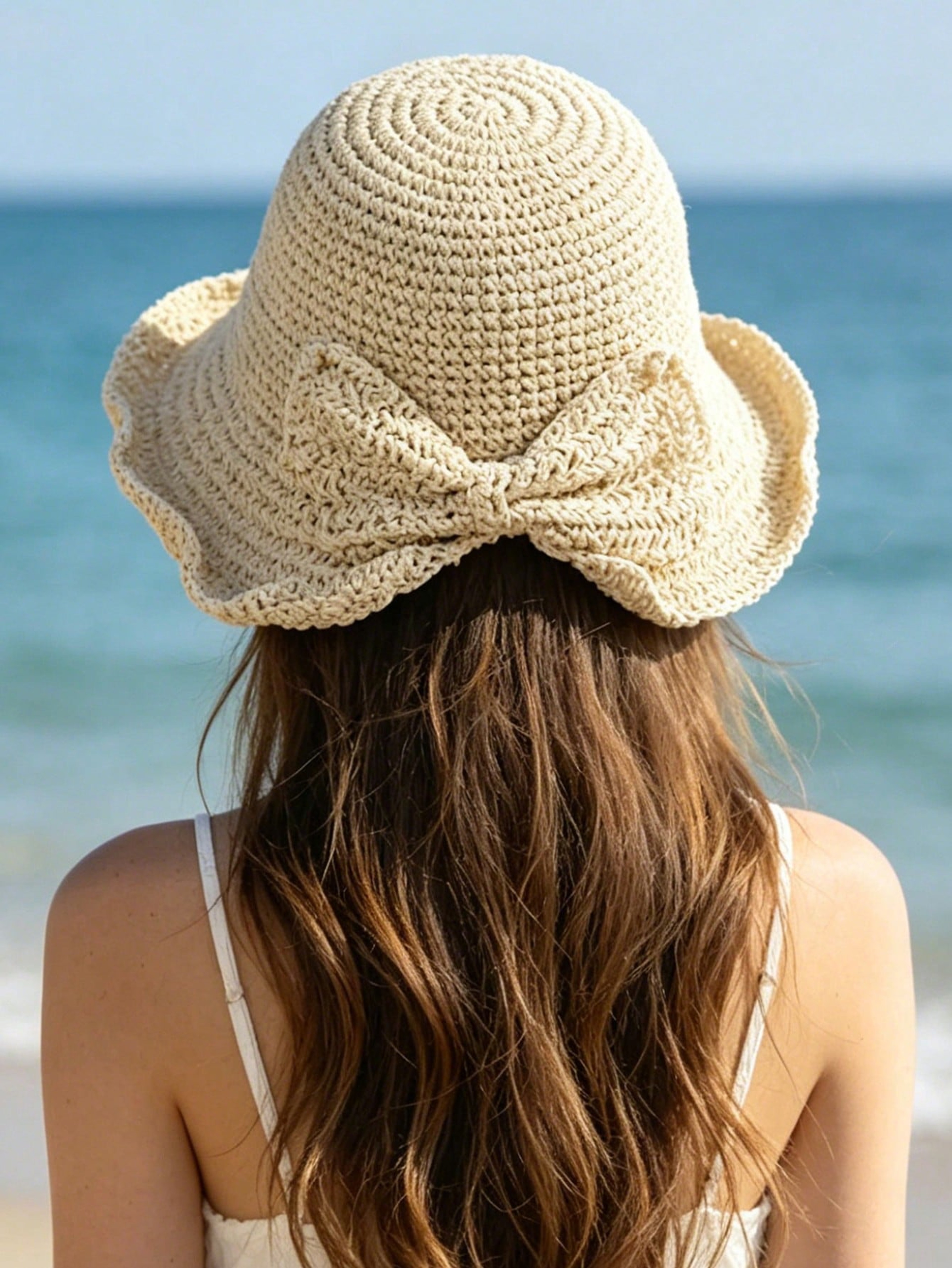 Handmade Crochet Straw Bucket Hat for Women with Elegant Bow and Wide Brim – view 6