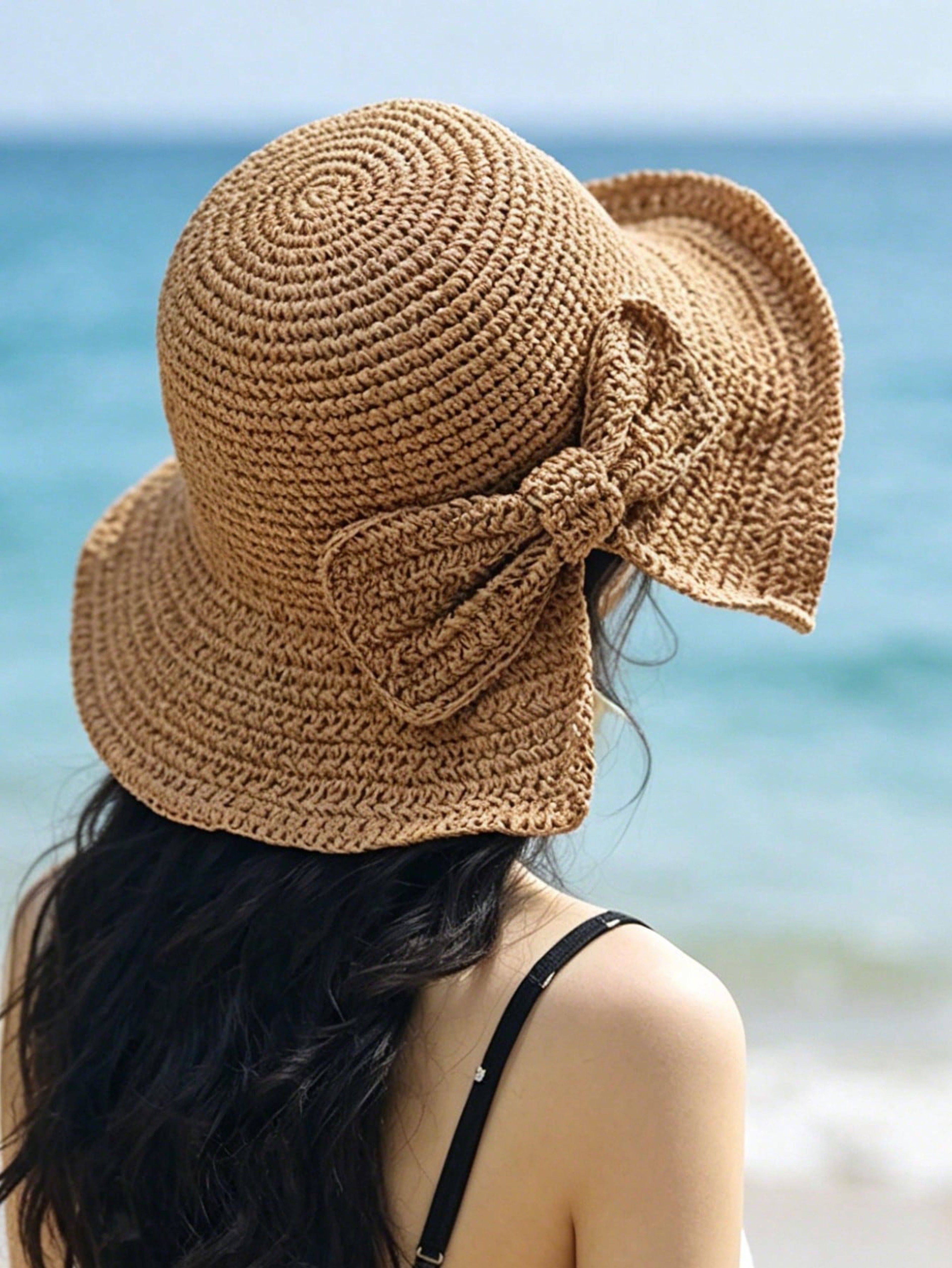 Handmade Crochet Straw Bucket Hat for Women with Elegant Bow and Wide Brim – view 5