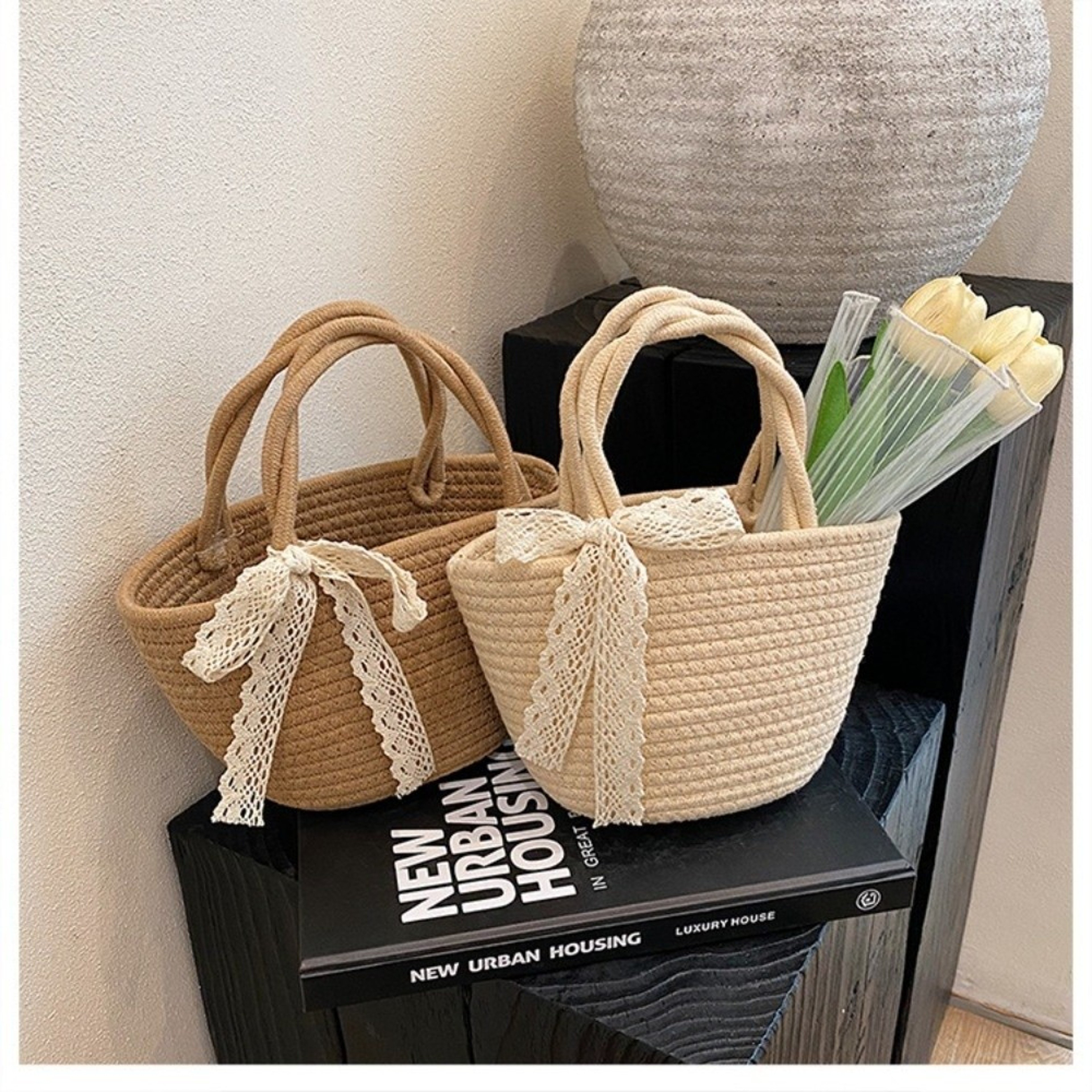 Boho Cotton Rope Woven Beach Handbag And Lightweight Shopping Basket 0