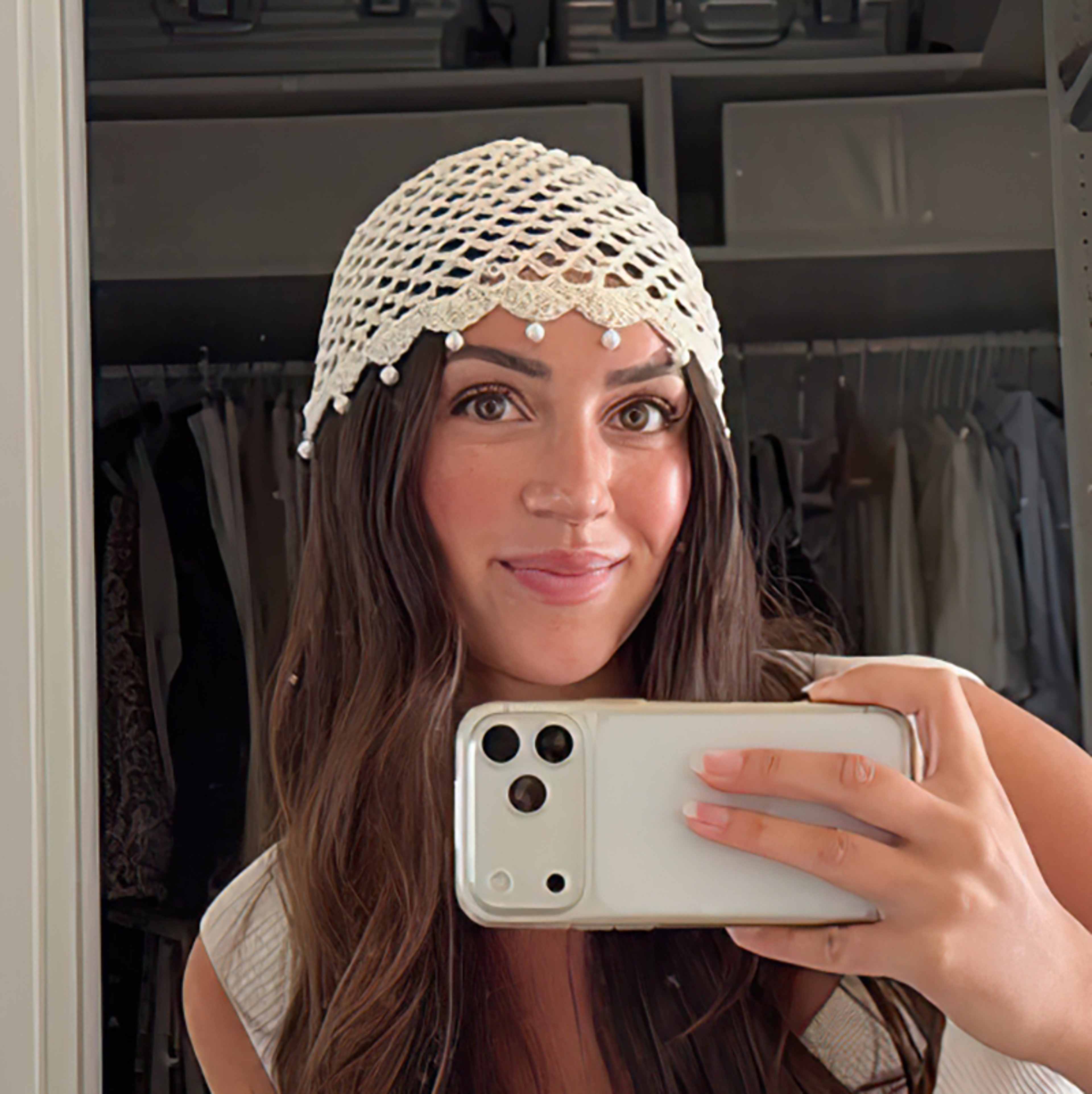 Handmade Pearl Crochet Beanie Hat For Women Lightweight Summer Skull Cap 1