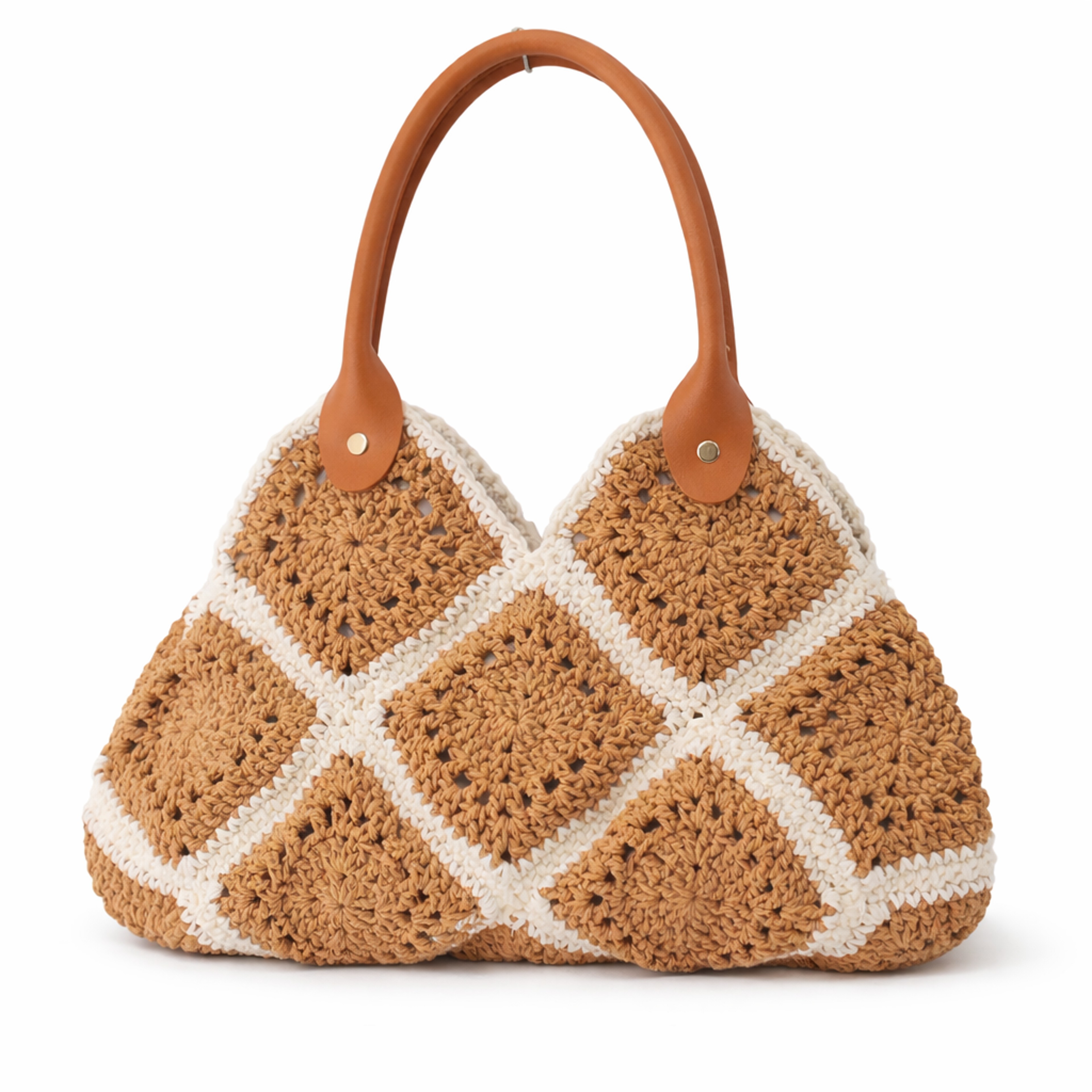 Handmade Crochet Handbag Vintage Granny Square Tote With Leather Handle – view 1