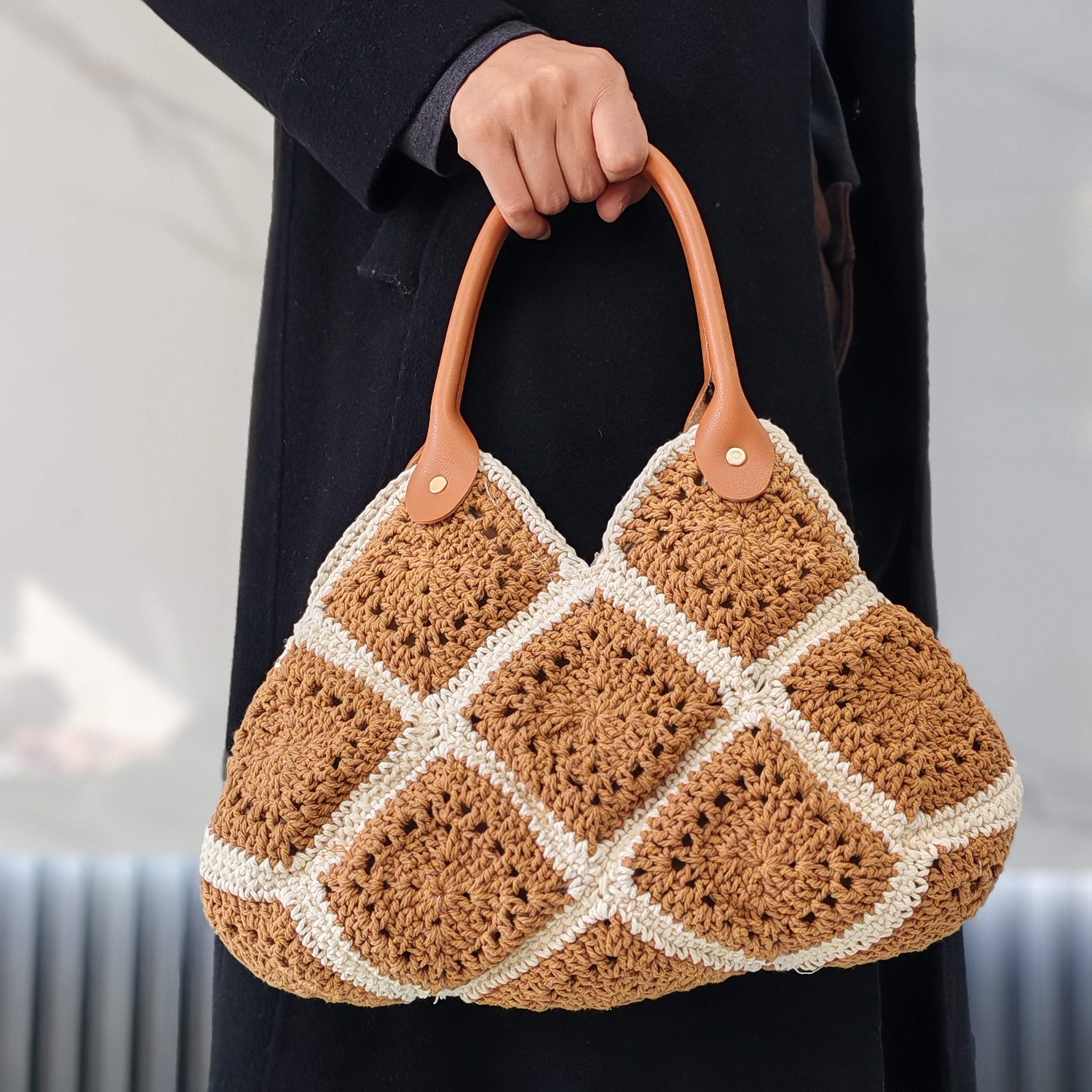 Handmade Crochet Handbag Vintage Granny Square Tote With Leather Handle – view 2