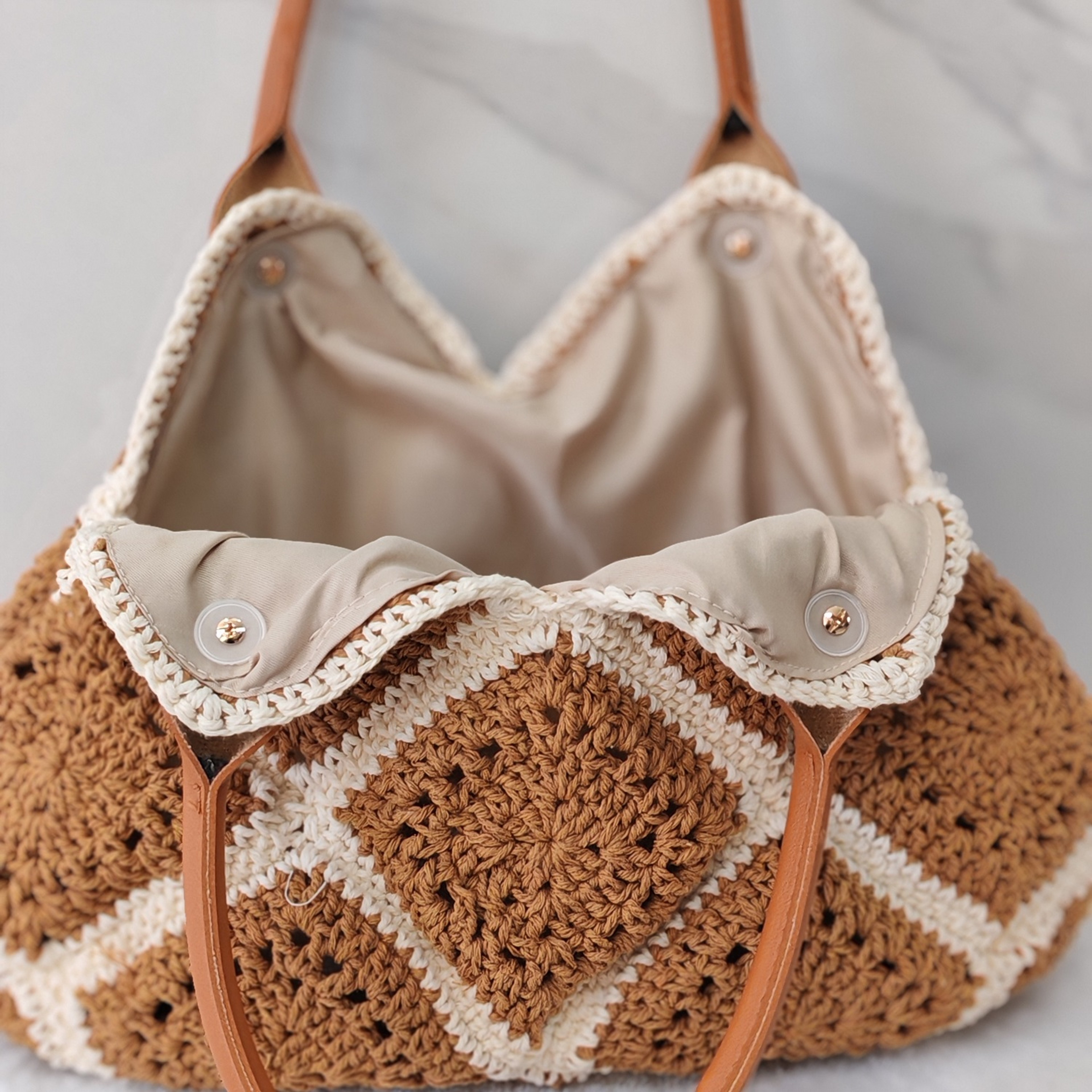 Handmade Crochet Handbag Vintage Granny Square Tote With Leather Handle – view 5