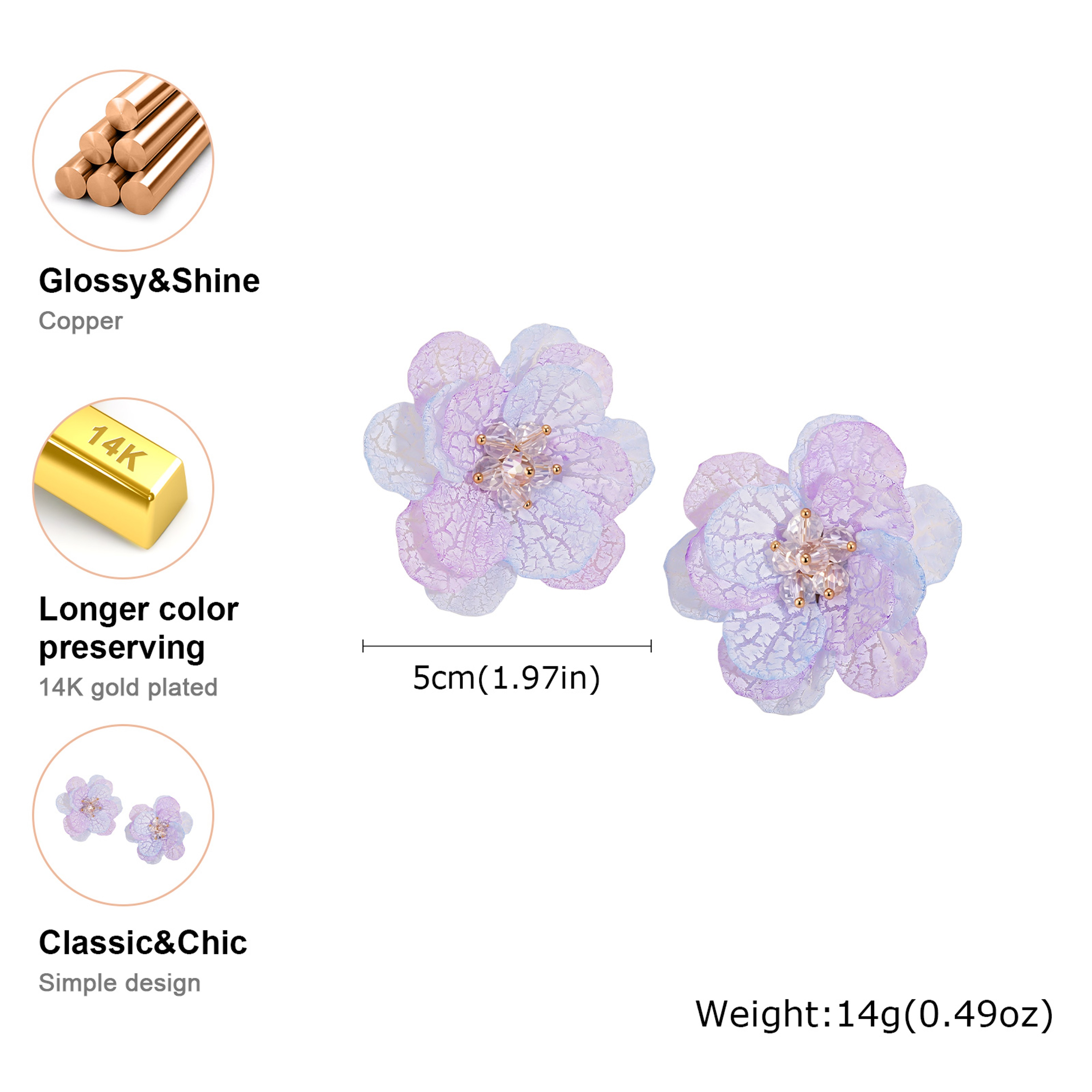 Purple Flower Stud Earrings Crystal Bead Earrings Cute Floral Jewelry Gift – view 6