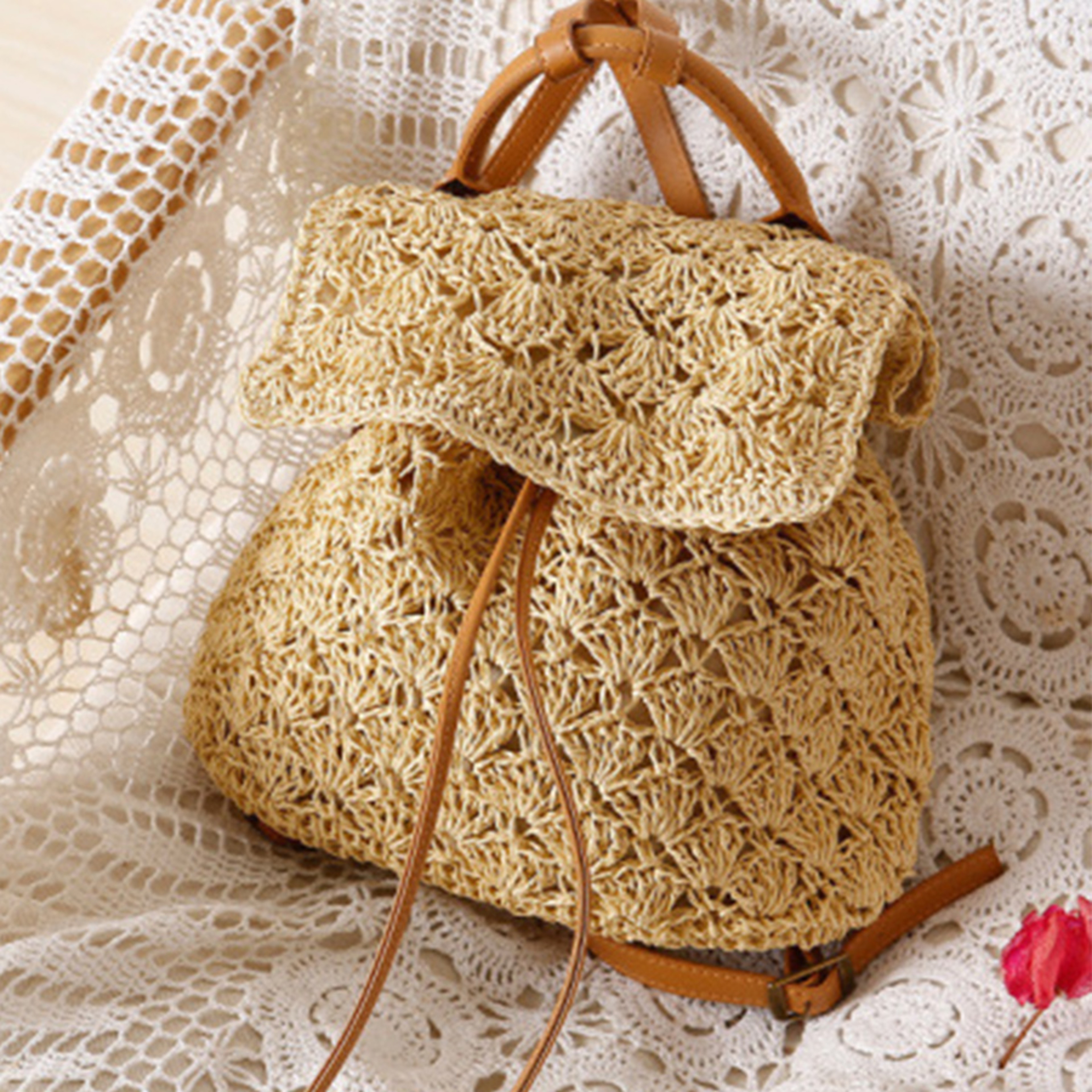 Handmade Summer Straw Drawstring Backpack And Hollow Beach Bag 4