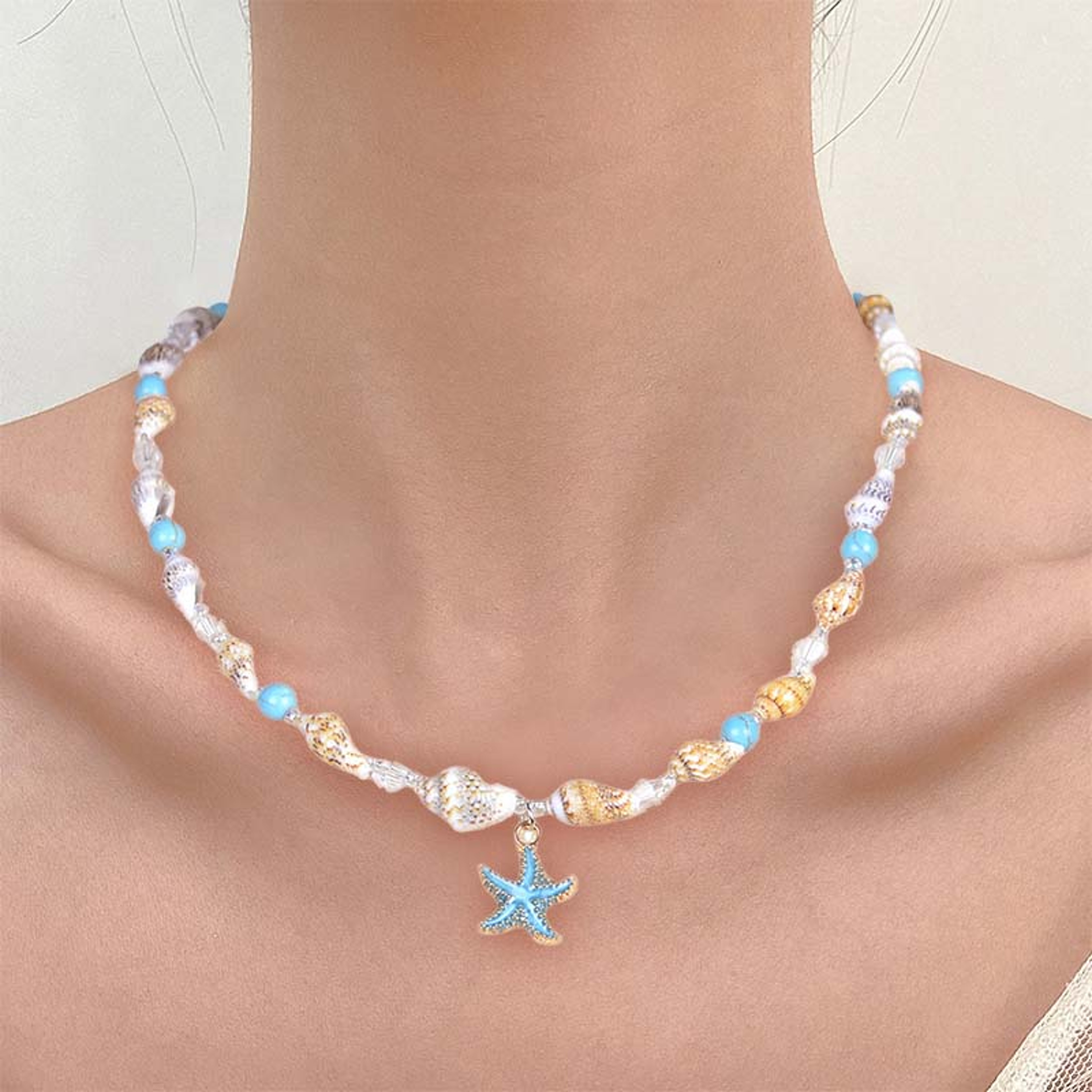Vintage Starfish Conch Necklace Turquoise Beaded Choker 2