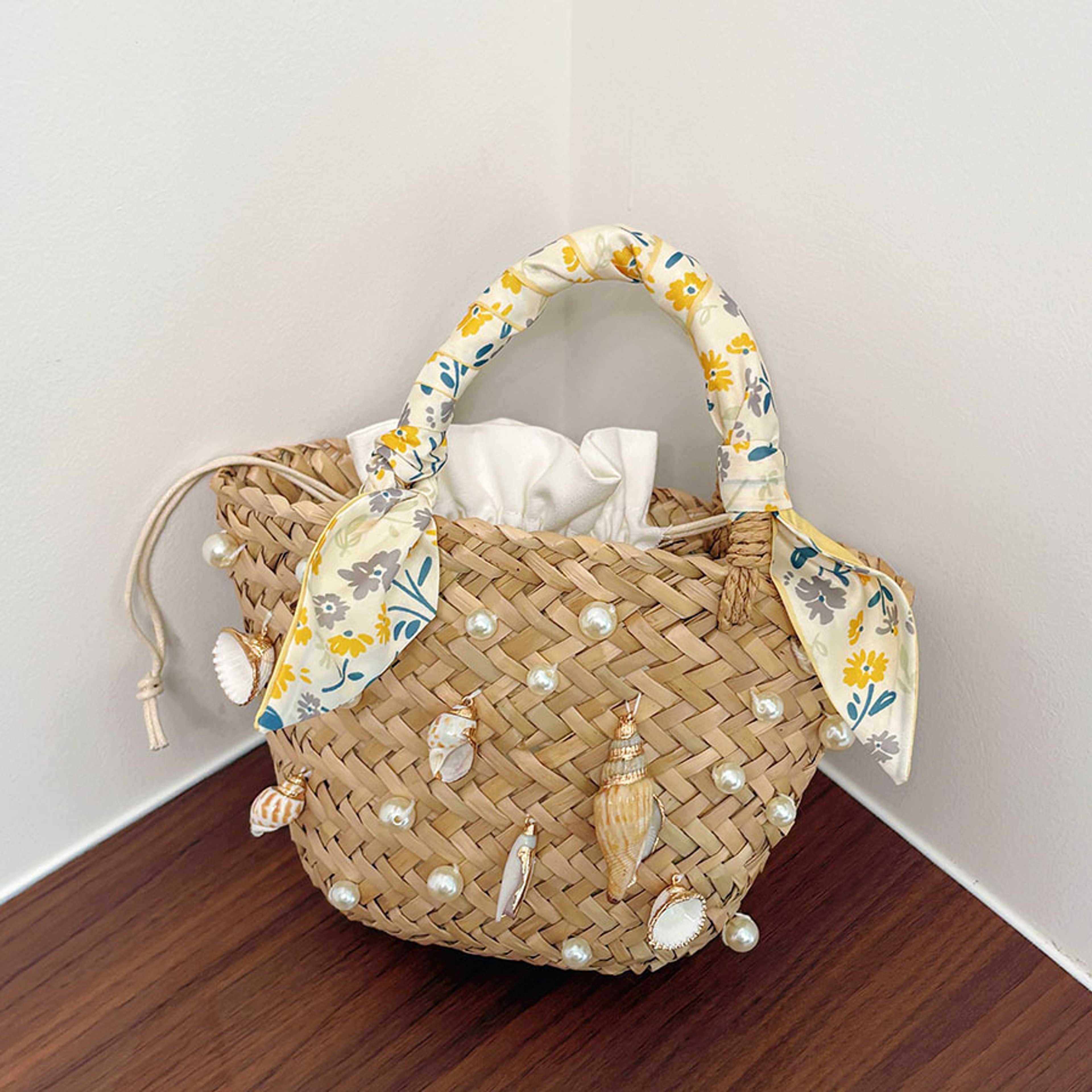 Woven Straw Beach Bucket Bag with Shell Accent and Ribbon – view 1