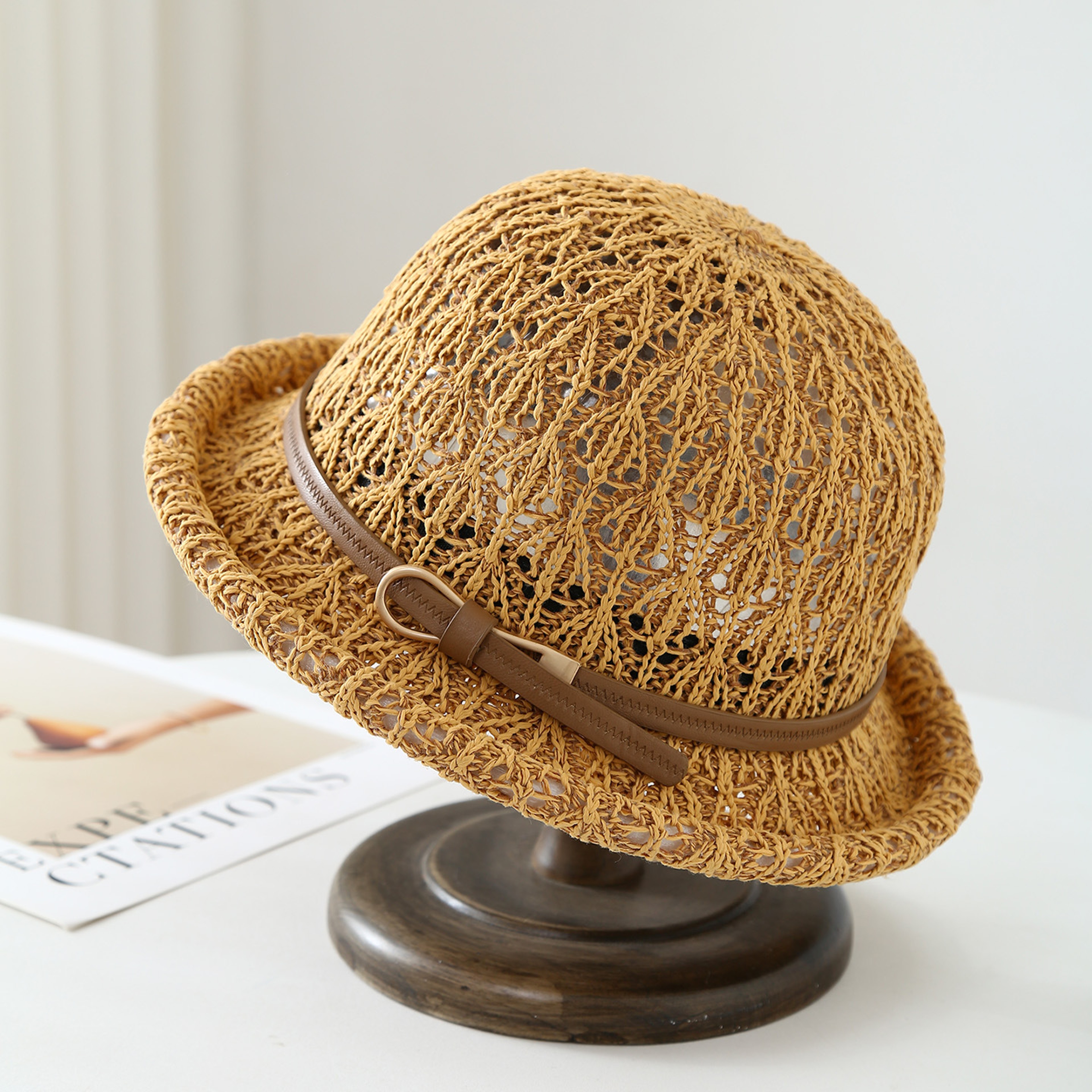 Chic Knit Bucket Hat with Belt Accent Summer Sun Protection Cap – view 8