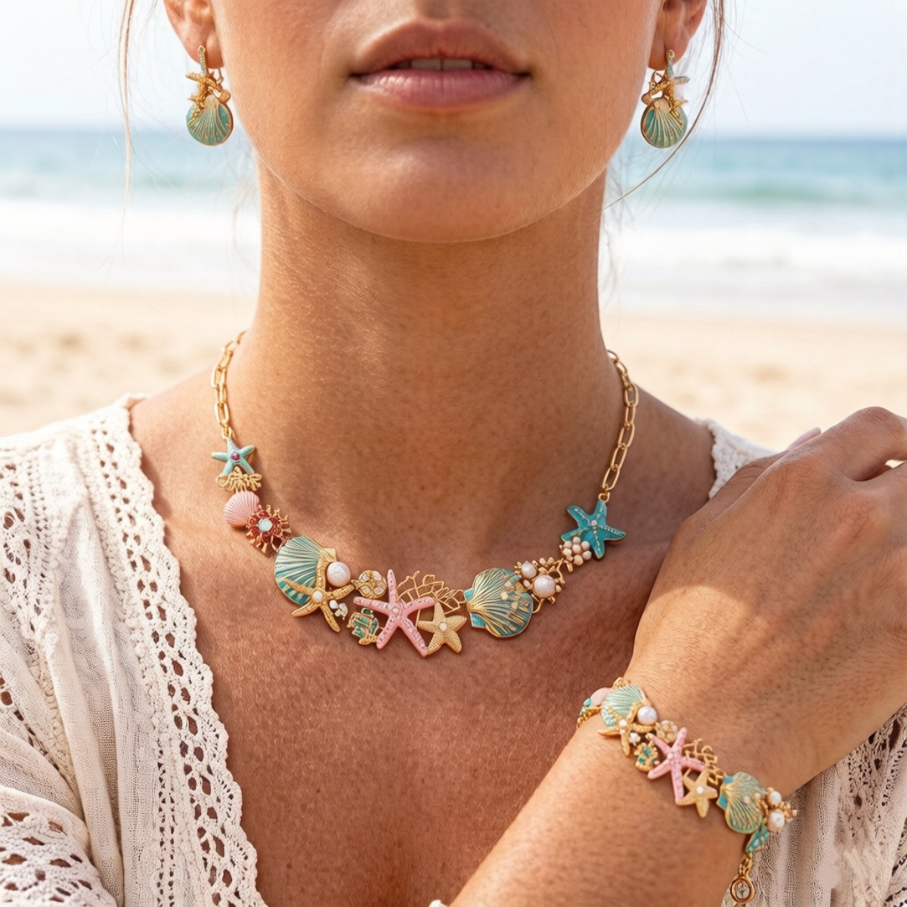 Colorful Enamel Starfish and Shell Beach Vacation Jewelry Set – view 1