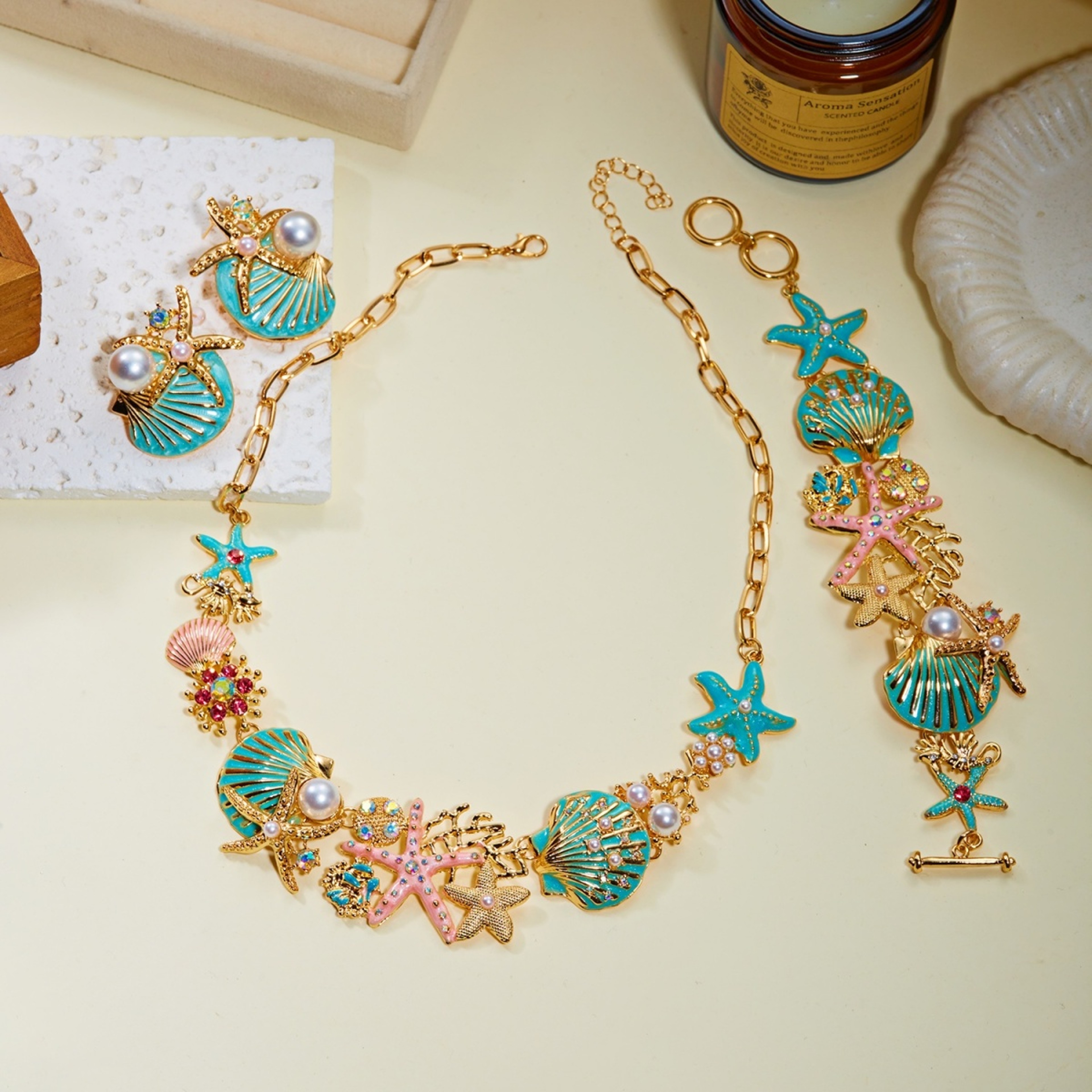 Colorful Enamel Starfish and Shell Beach Vacation Jewelry Set – view 5