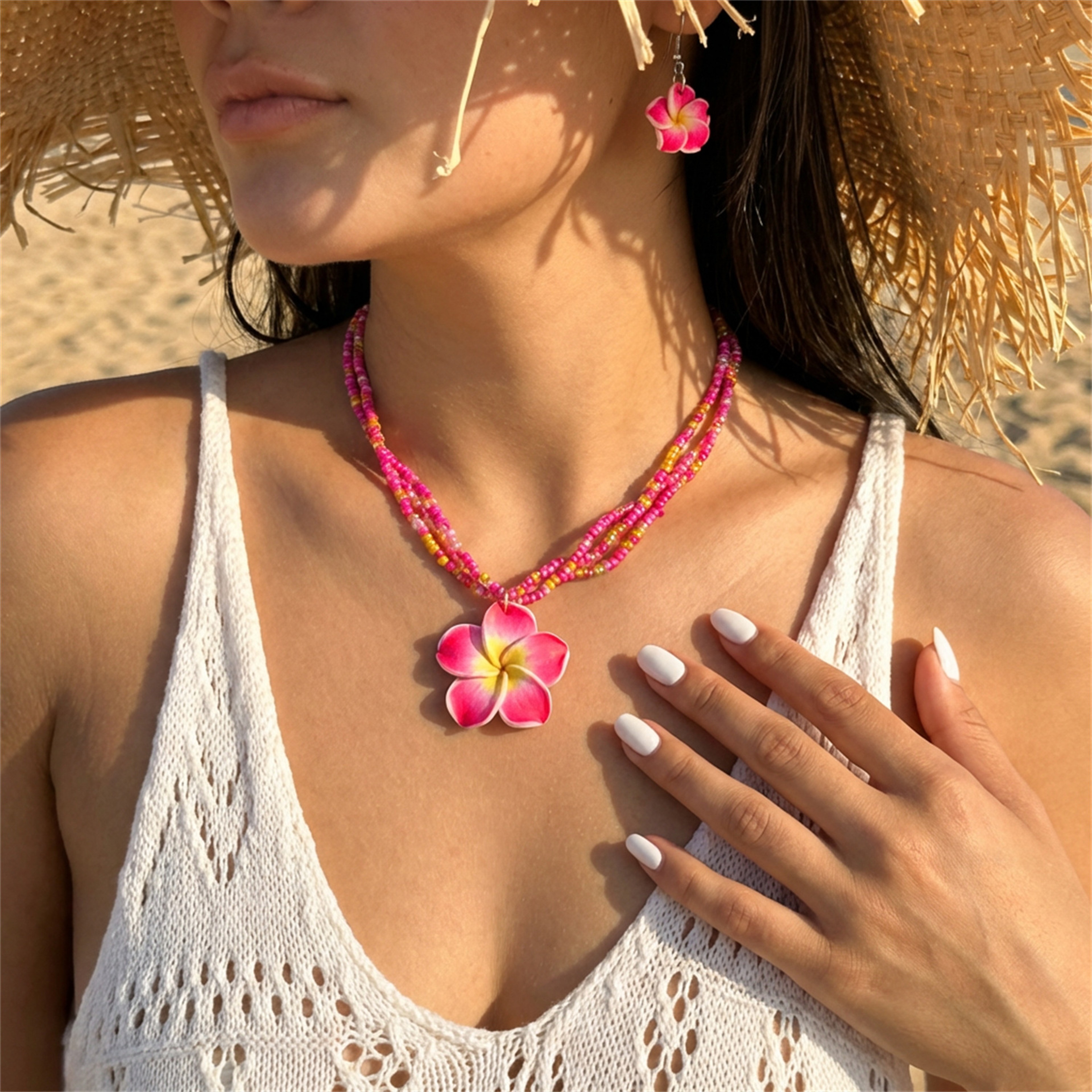 Handmade Bohemian Flower Beaded Necklace And Earrings Set 6