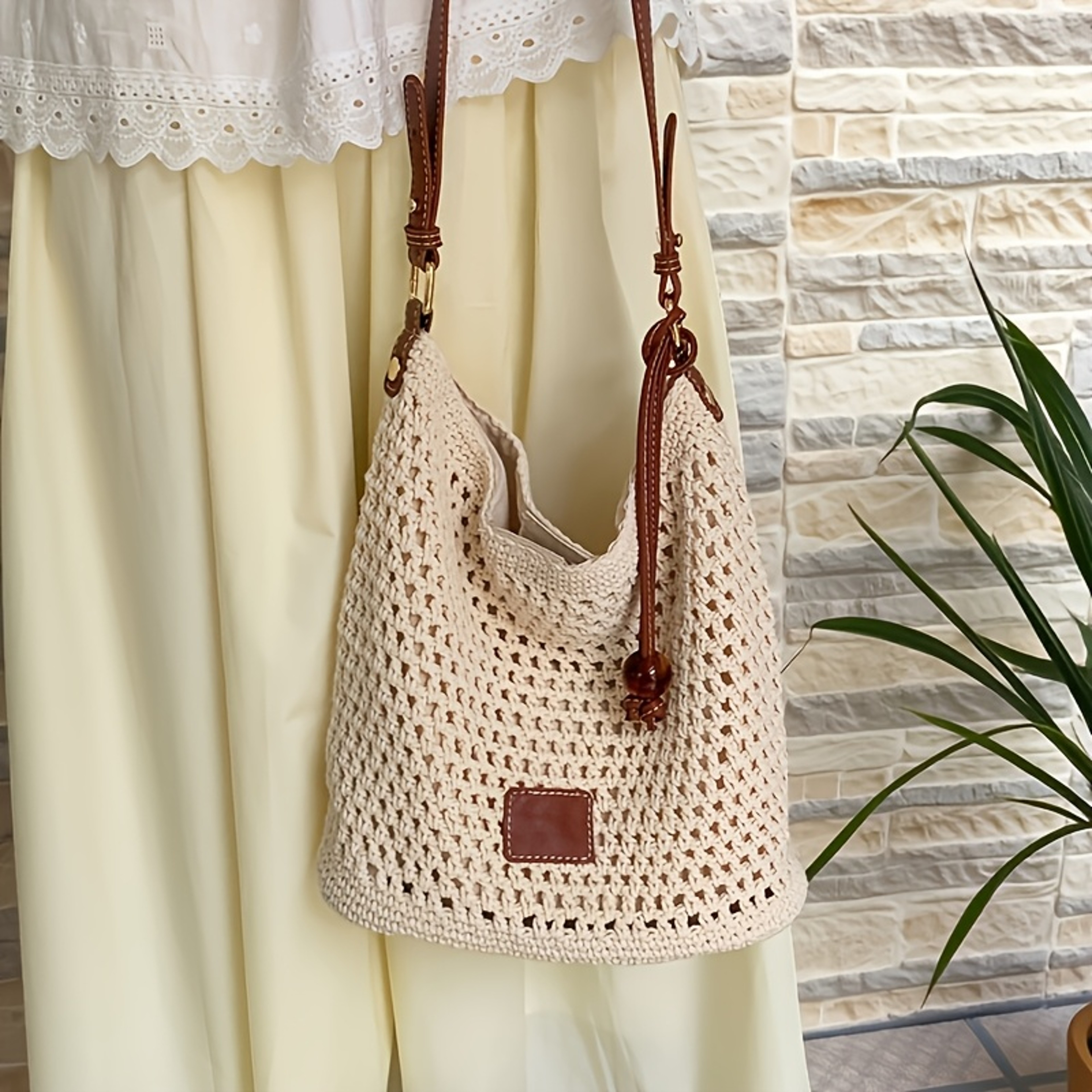 Boho Crochet Beach Tote Bag Lightweight Summer Shoulder Purse – view 3