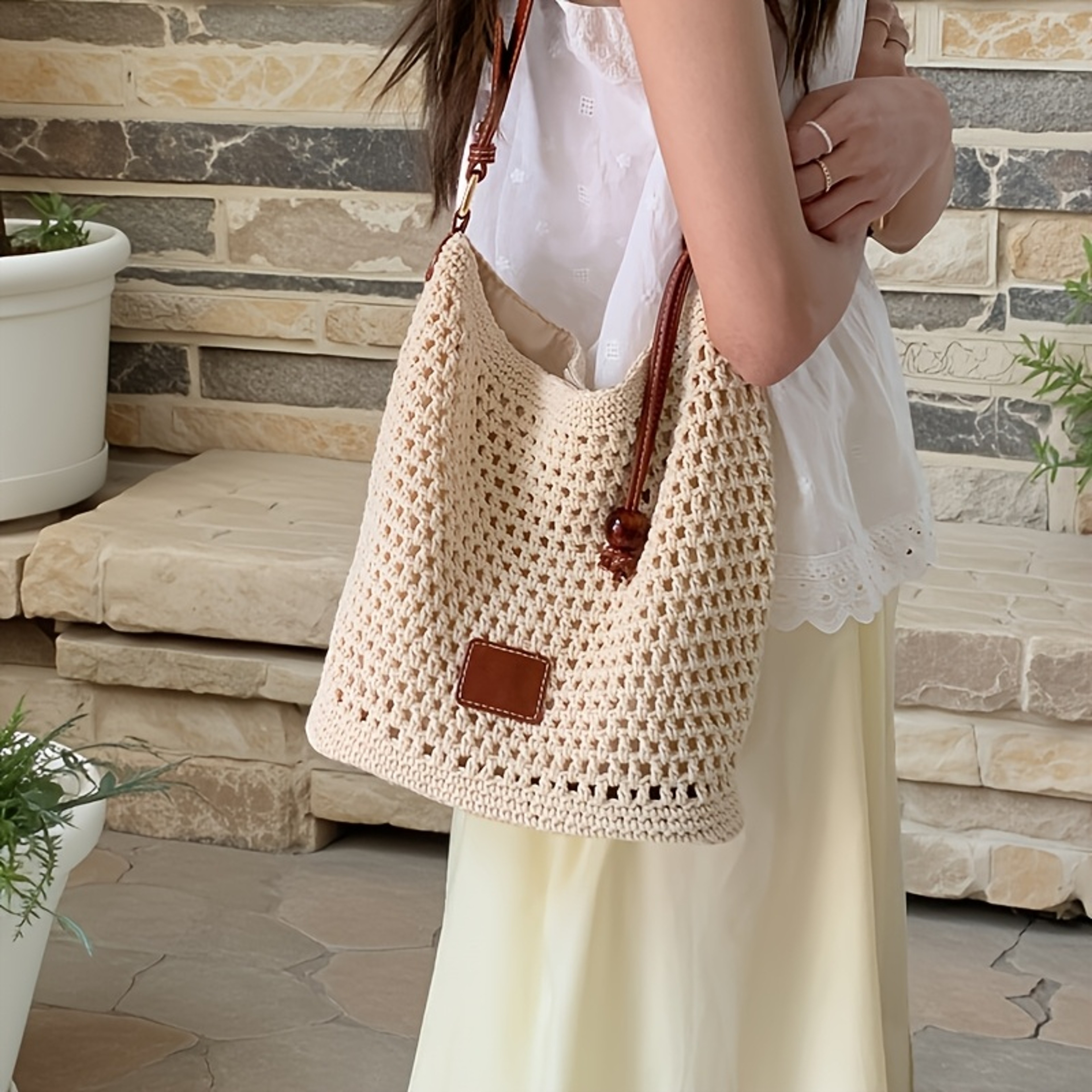 Boho Crochet Beach Tote Bag Lightweight Summer Shoulder Purse – view 6