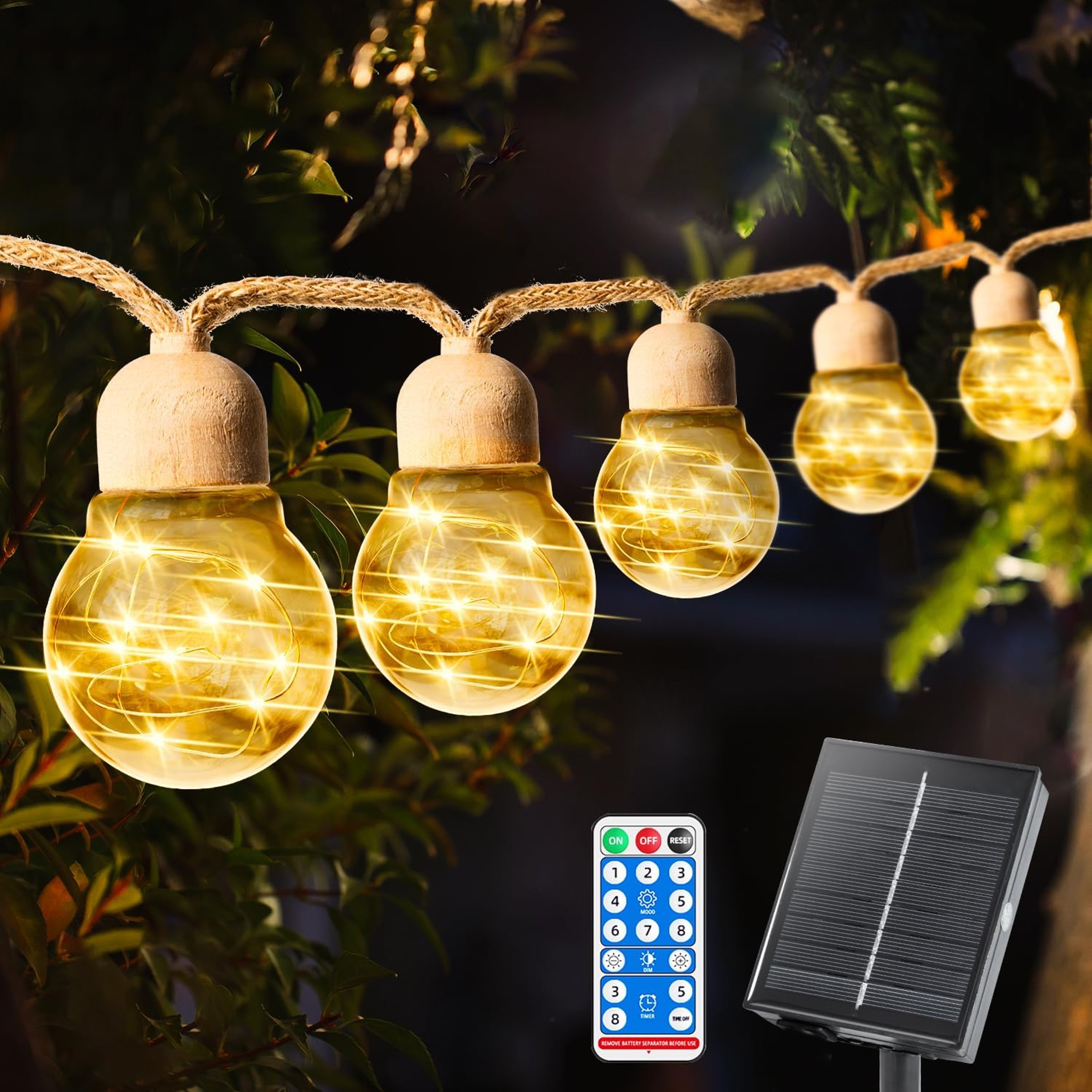 Solar Outdoor String Lights, 20bulbs Rope Hemp Patio Lights, Warm White Waterproof Solar Garden Decor Lighting – view 1