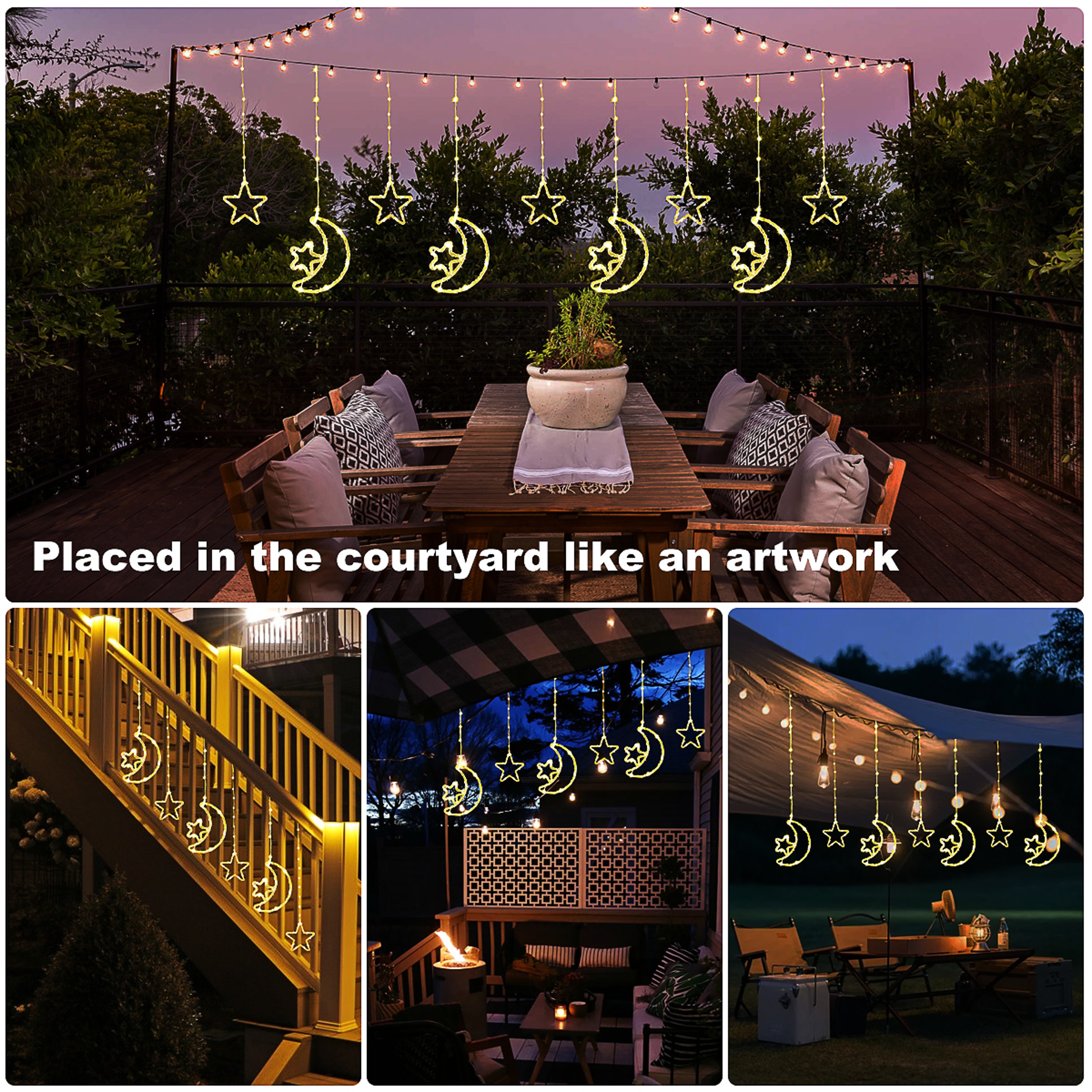 Solar Moon Star LED Decor Light, Outdoor Waterproof Curtain Lights, 8 Modes String Light for Ramadan Hanging Decor – view 6