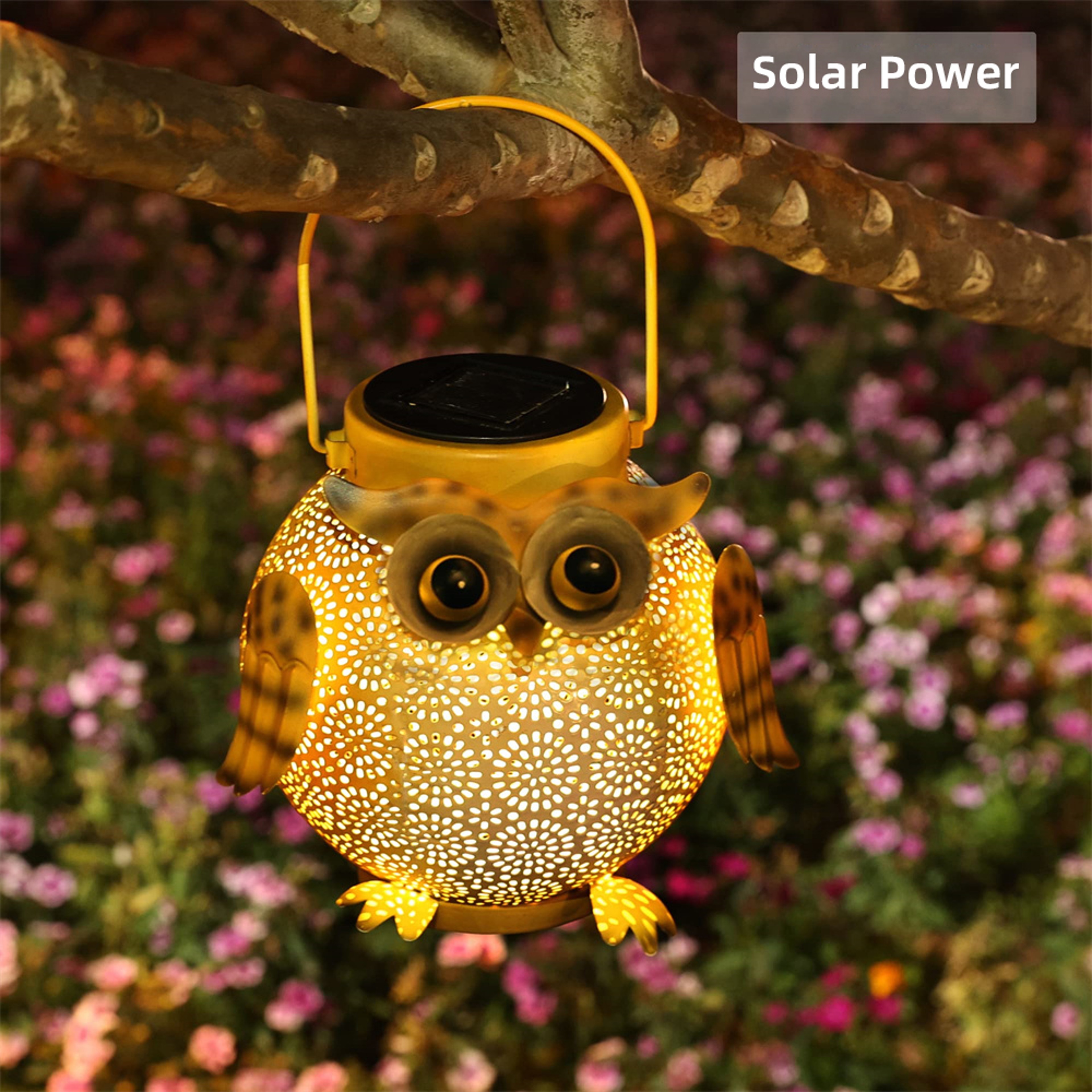 Owl Pattern Hanging Solar Lantern Garden Light, Waterproof Metal Solar Decor for Outdoor Patio, Yard Table or Pathway – view 1