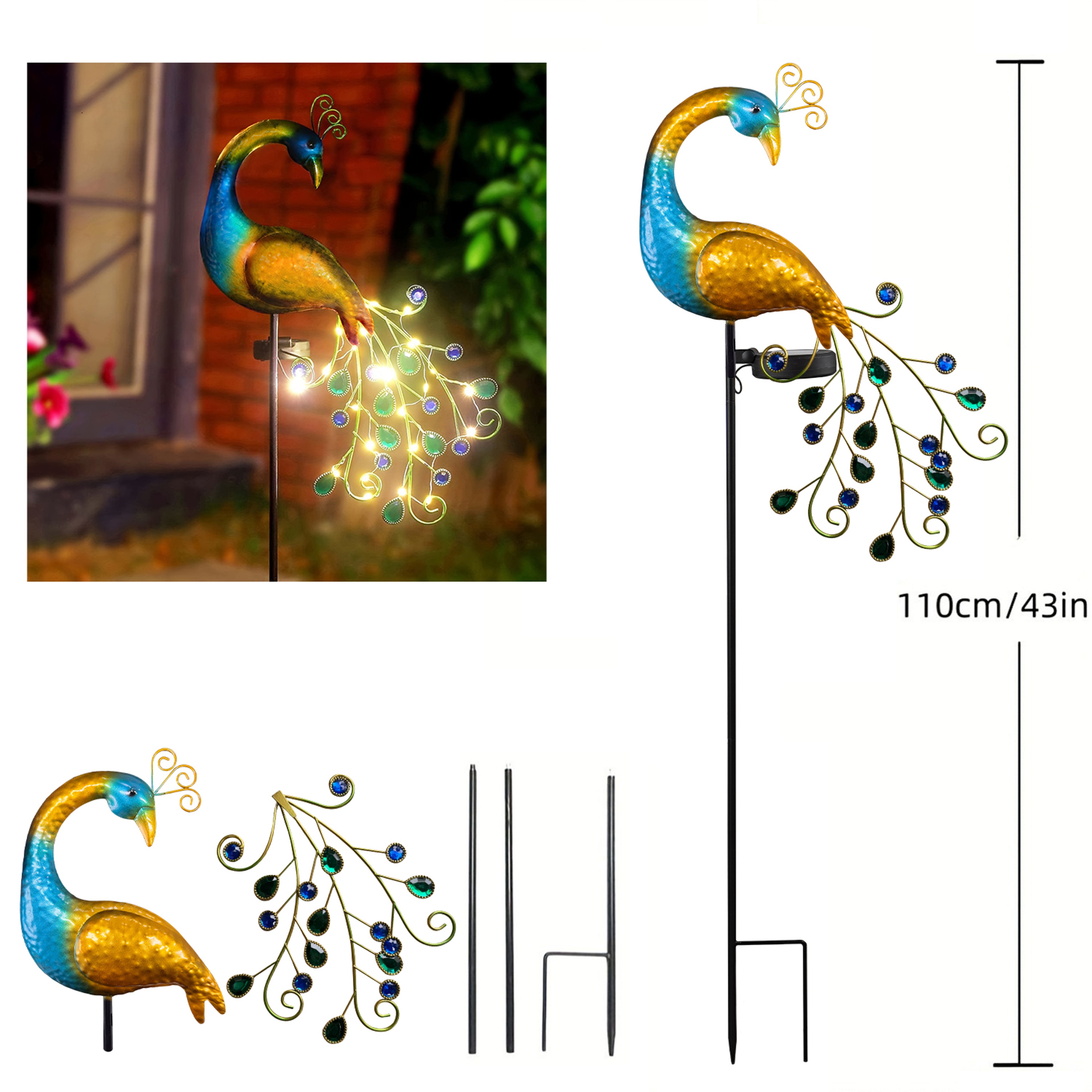 Solar Peacock Garden Light for Garden Paths, Metal Handicraft Decor, Outdoor Lighting with Artificial Gems – view 3